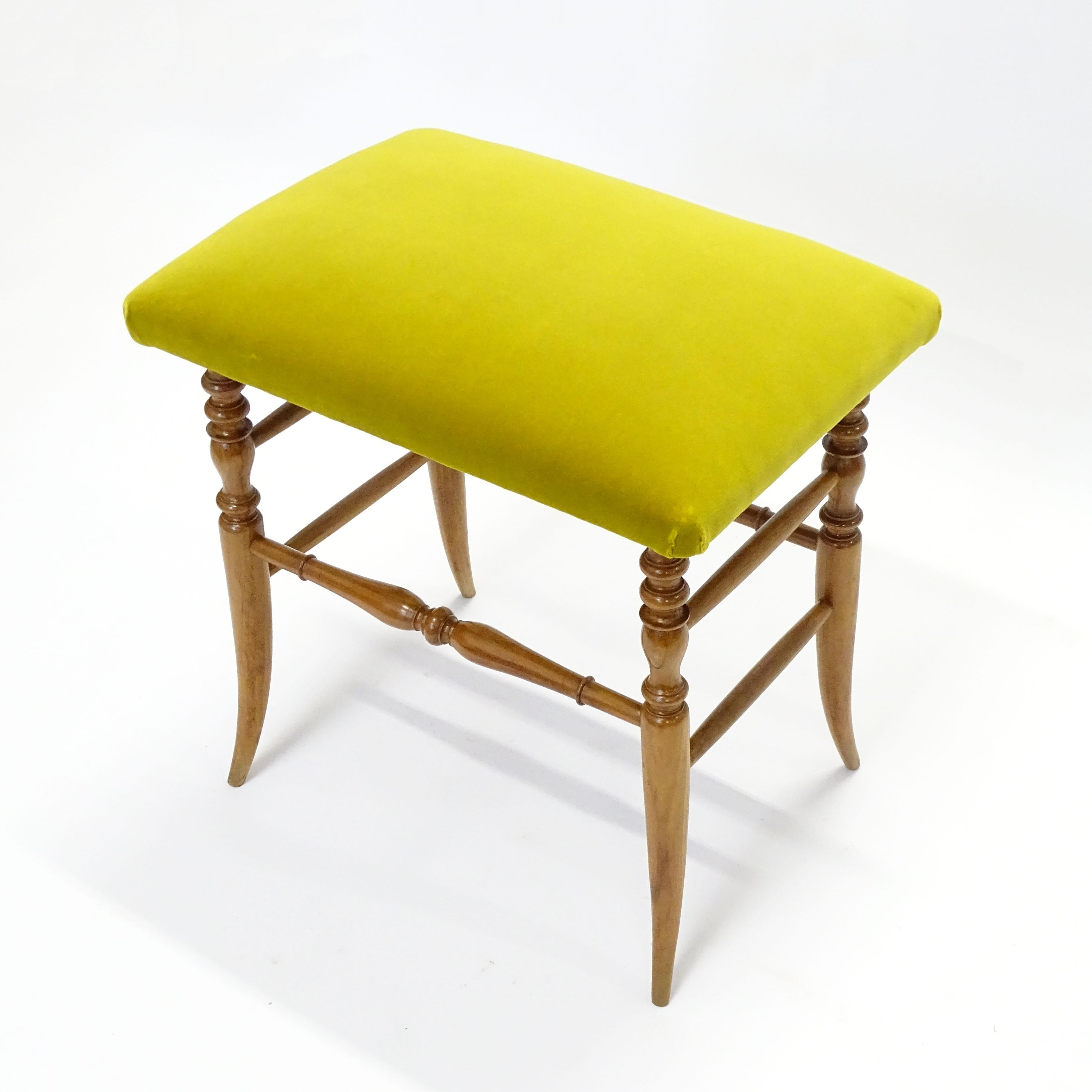Italian 1950s Chiavarina Wooden Stool with Yellow Velvet Upholstery In Good Condition For Sale In Milan, IT