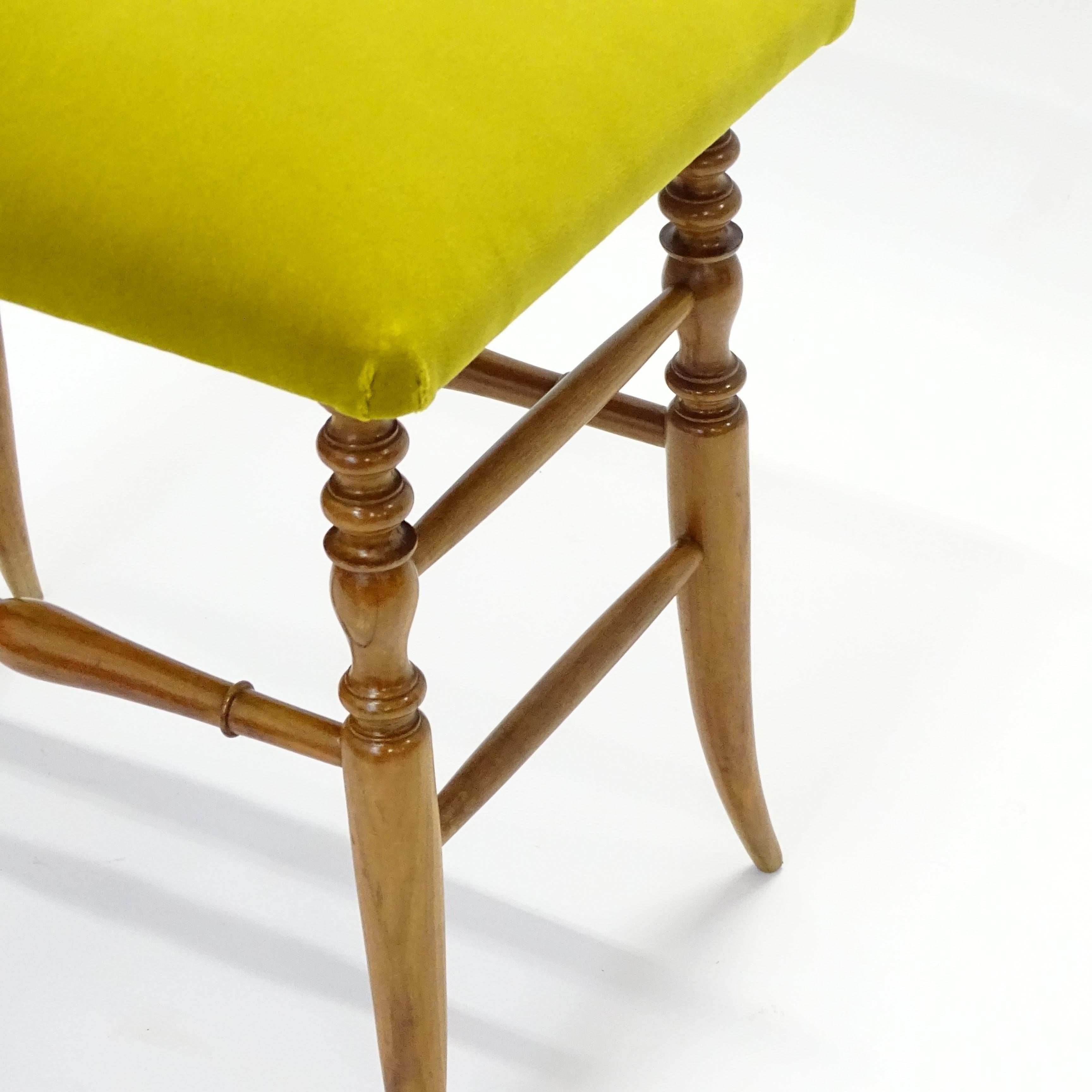 Mid-20th Century Italian 1950s Chiavarina Wooden Stool with Yellow Velvet Upholstery For Sale