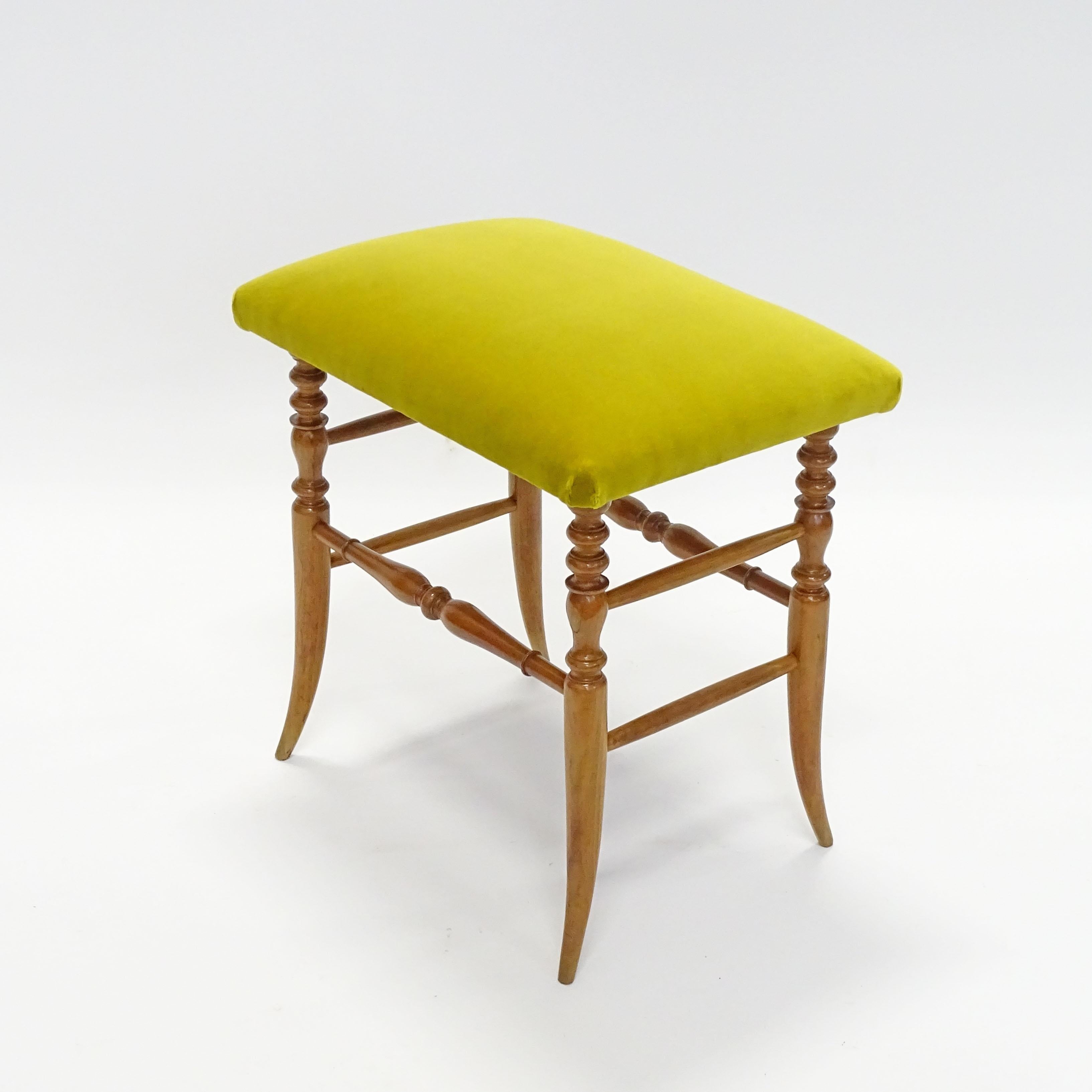 Italian 1950s Chiavarina Wooden Stool with Yellow Velvet Upholstery For Sale 1