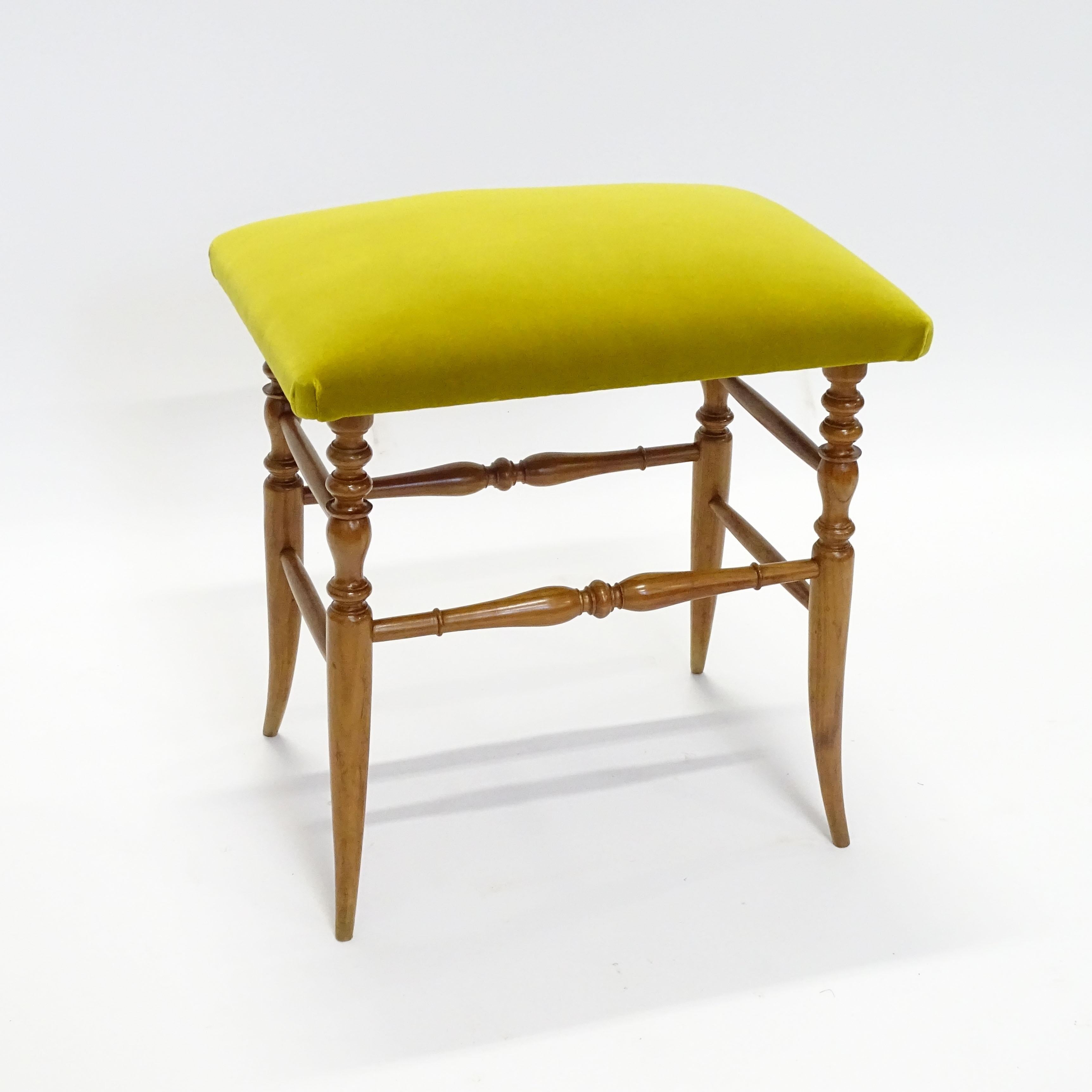 Italian 1950s Chiavarina Wooden Stool with Yellow Velvet Upholstery For Sale 2