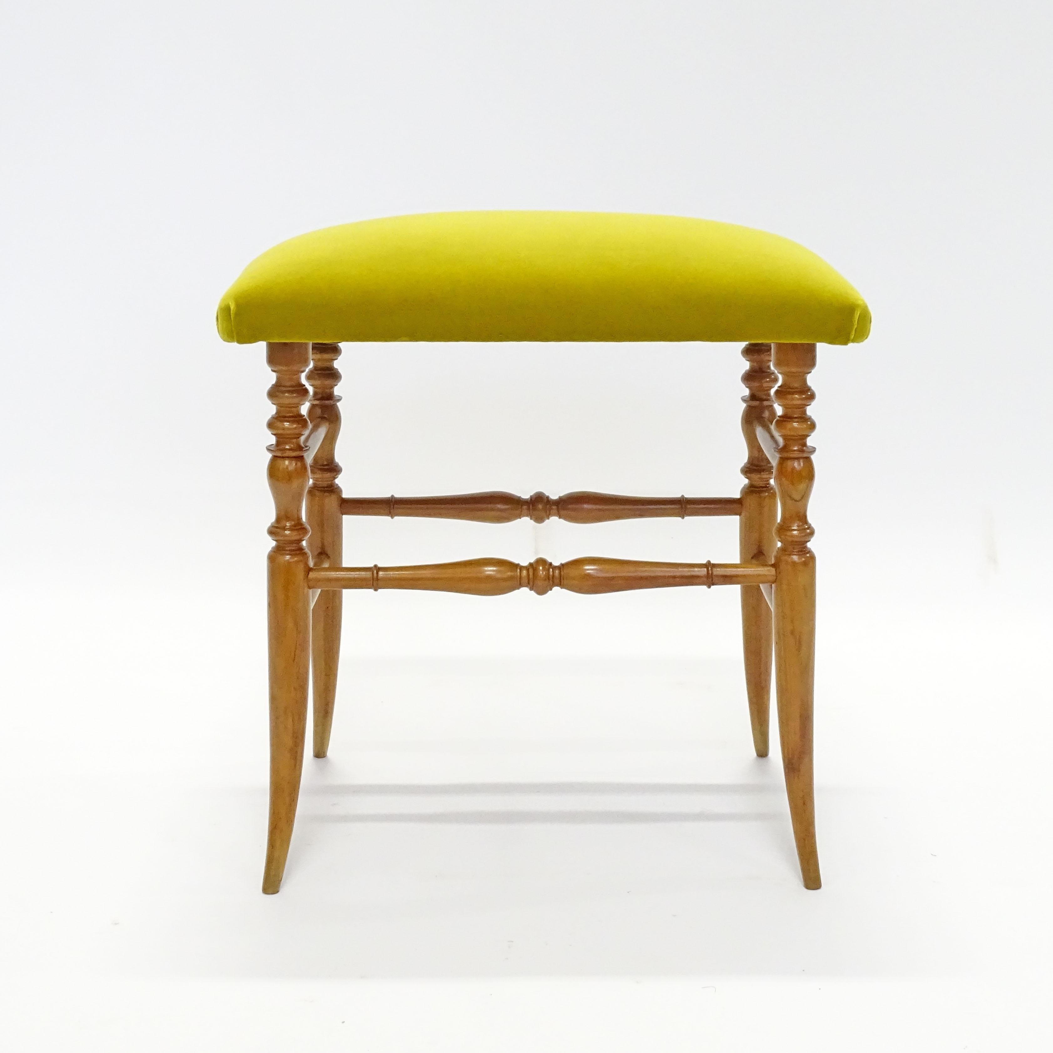 Italian 1950s Chiavarina Wooden Stool with Yellow Velvet Upholstery For Sale 3