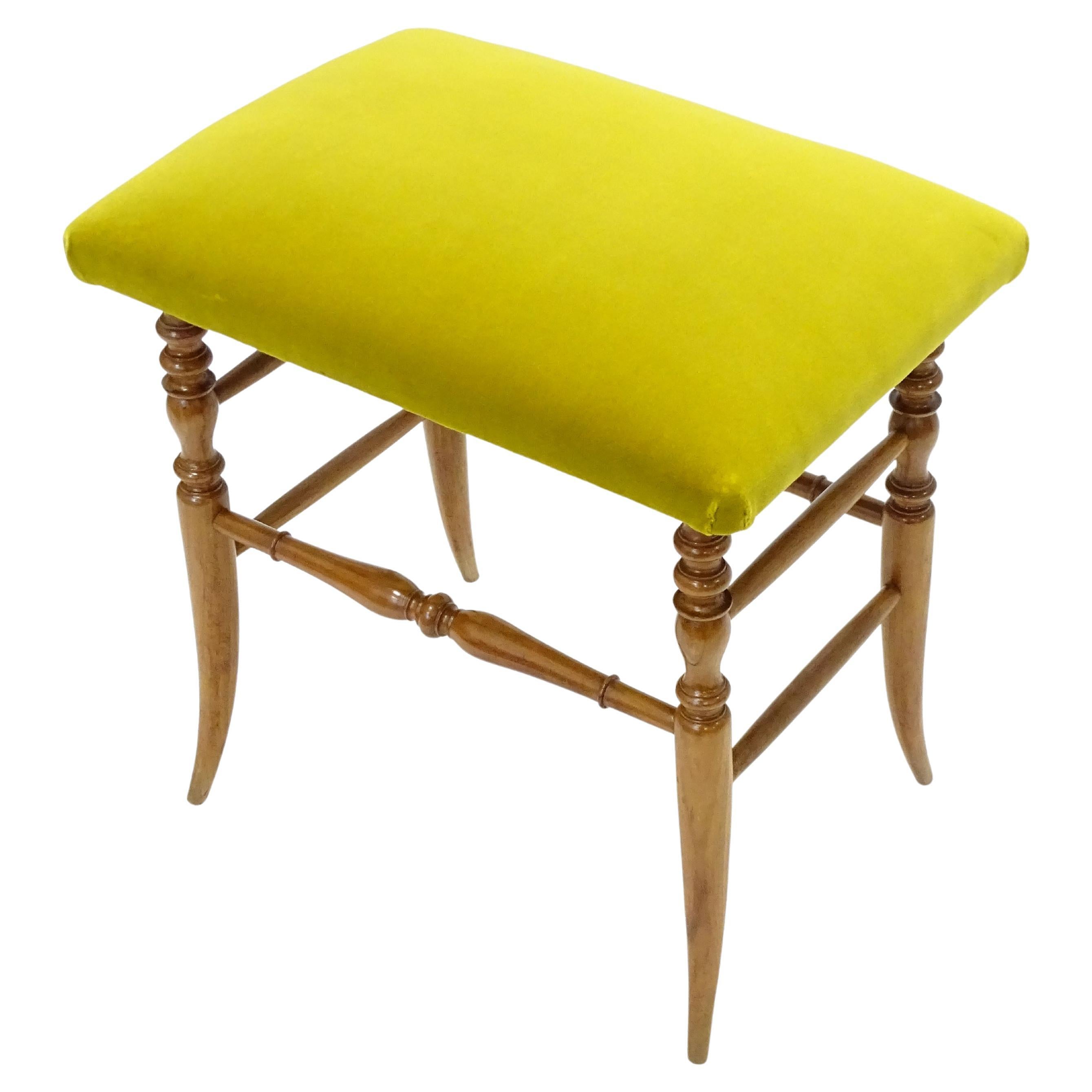 Italian 1950s Chiavarina Wooden Stool with Yellow Velvet Upholstery For Sale