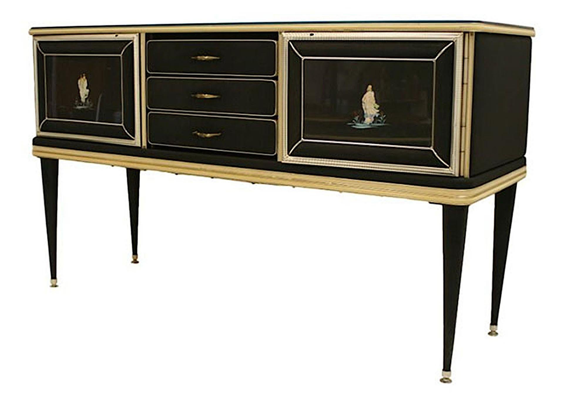 Italian Mid-Century (1950s) chinoiserie decorated sideboard covered in a black faux leather (skai) and trimmed with anodized aluminum with 2 doors separated by 3 drawers (by UMBERTO MASCAGNI)
