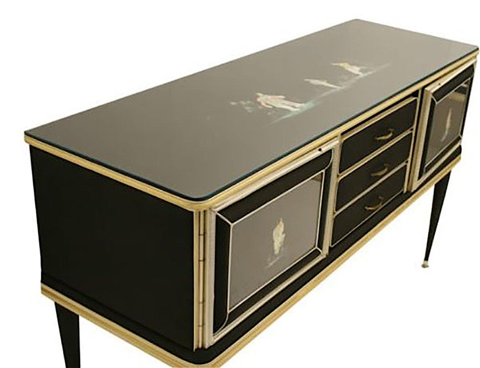 Anodized Umberto Mascagni Italian Mid-Century Chinoiserie Decorated Sideboard For Sale