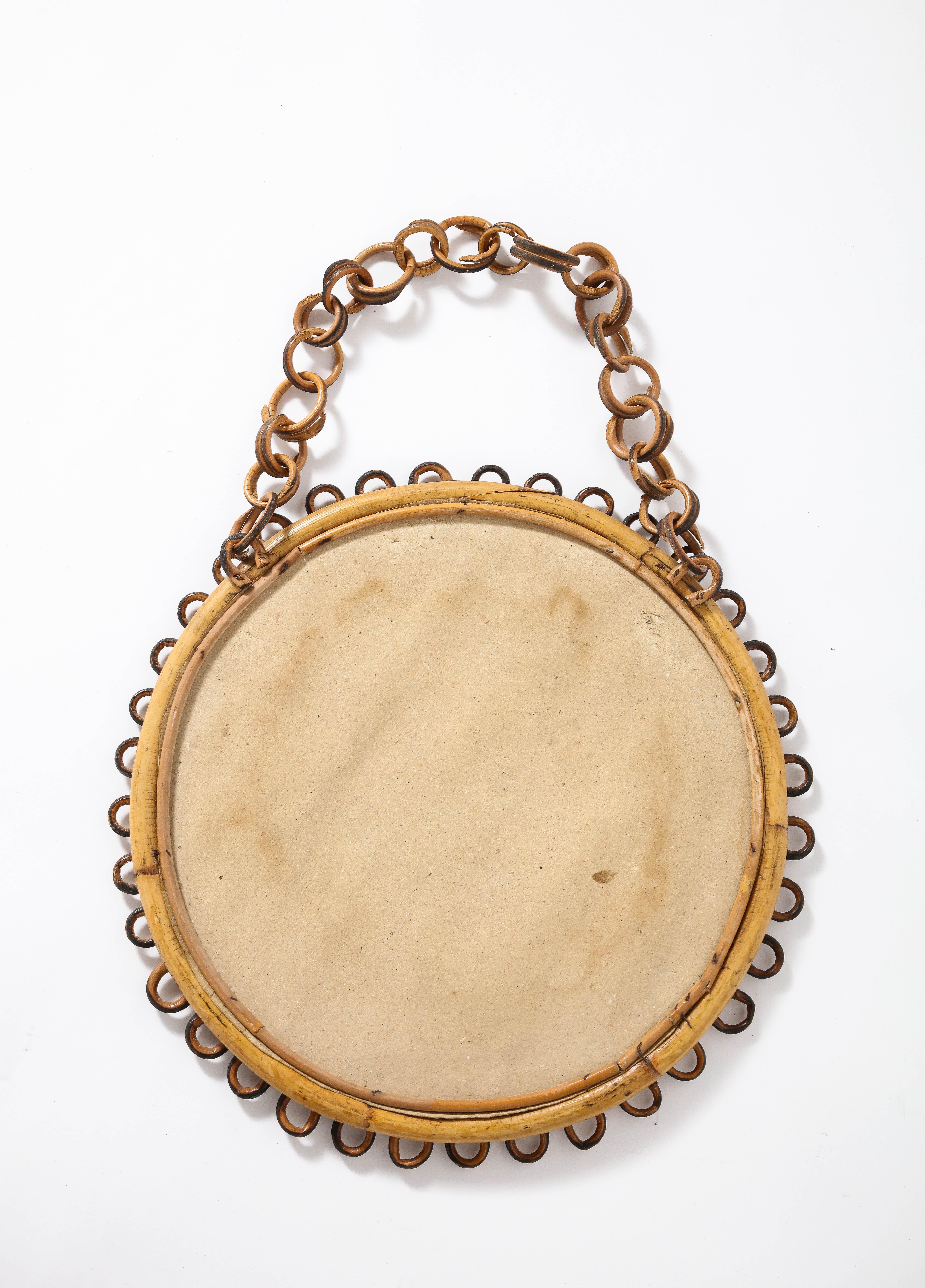Italian 1950's Circular Bamboo Mirror with Chain For Sale 5