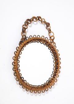 Italian 1950's Circular Bamboo Mirror with Chain