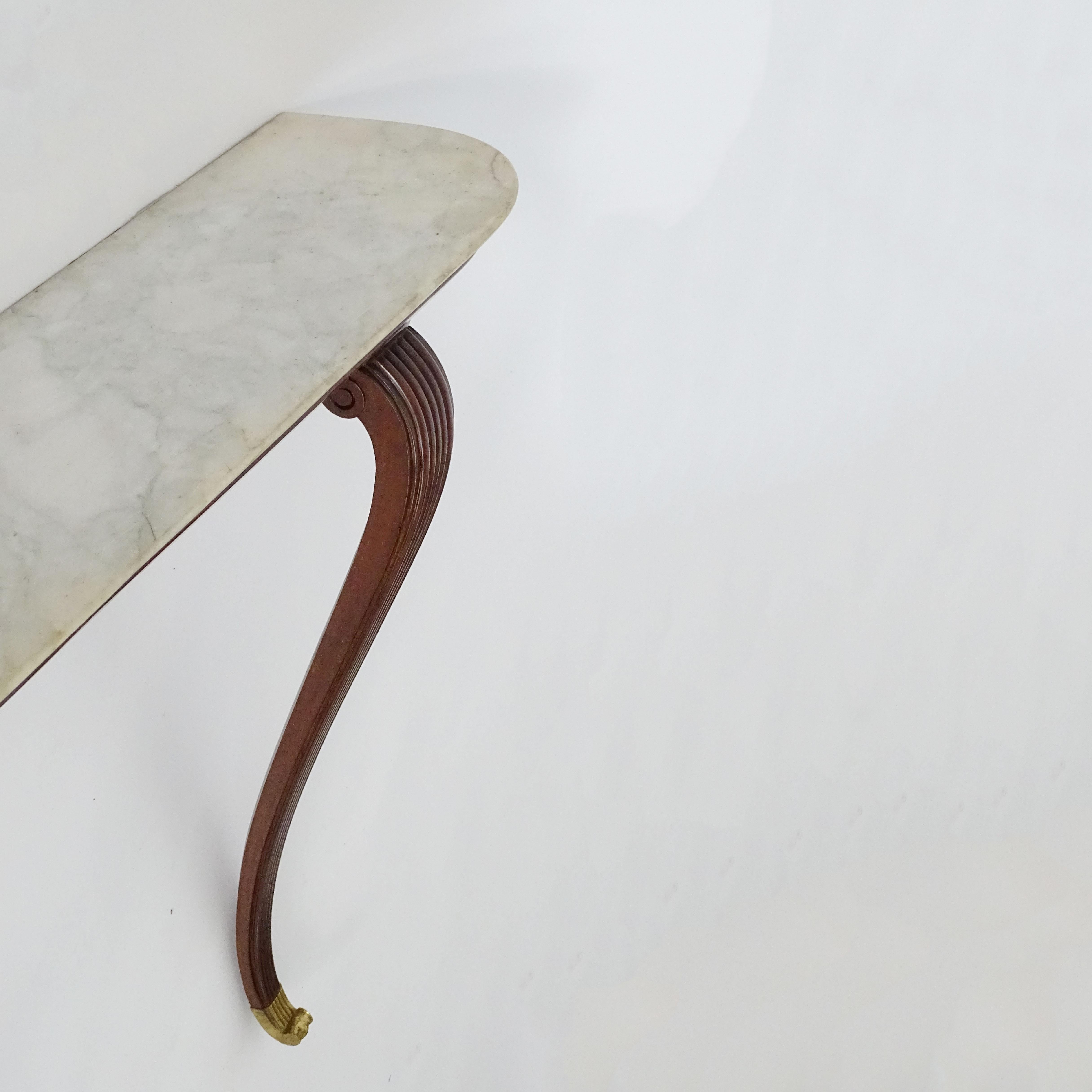 Mid-20th Century Italian 1950s Classical wall console in marble, wood and brass For Sale