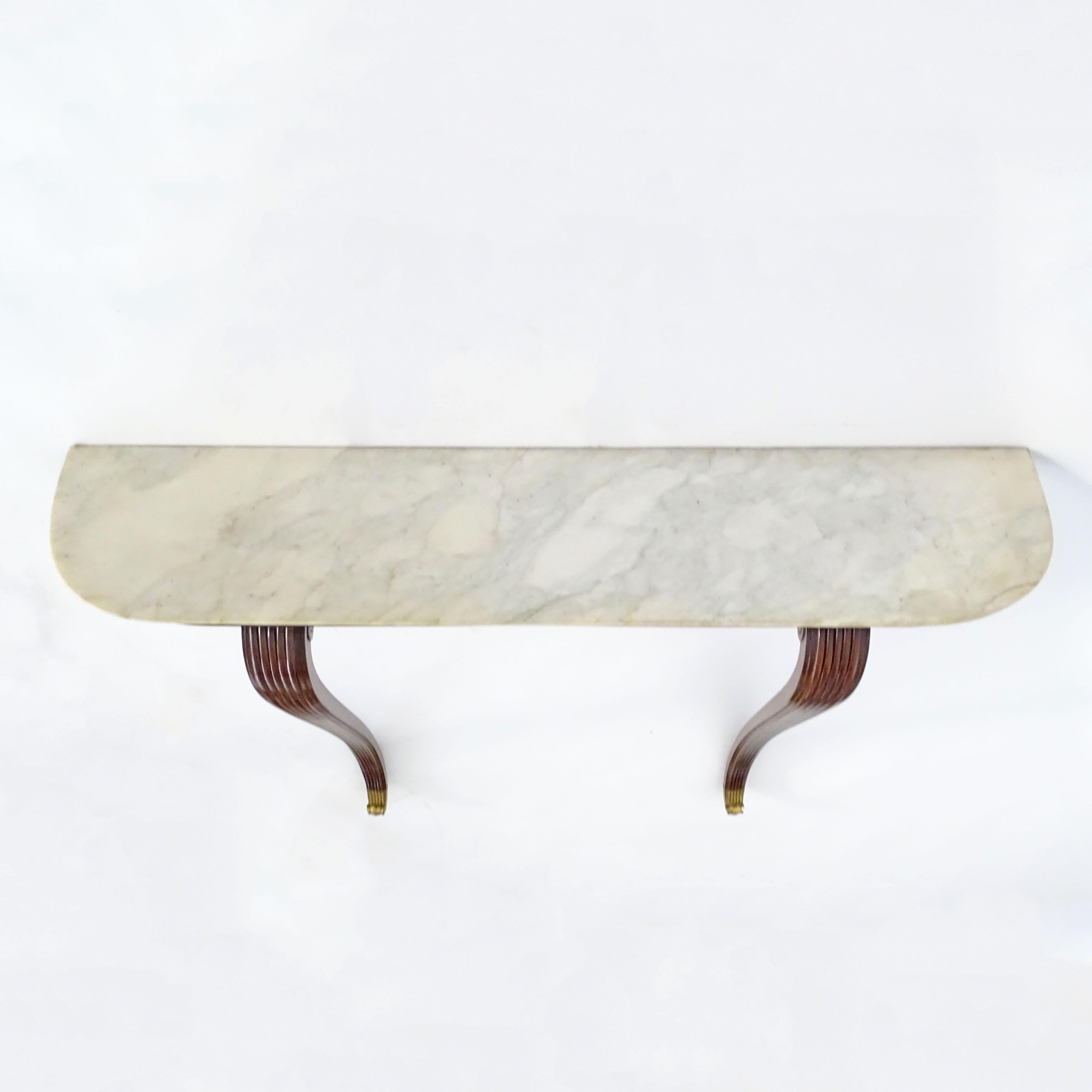 Marble Italian 1950s Classical wall console in marble, wood and brass For Sale
