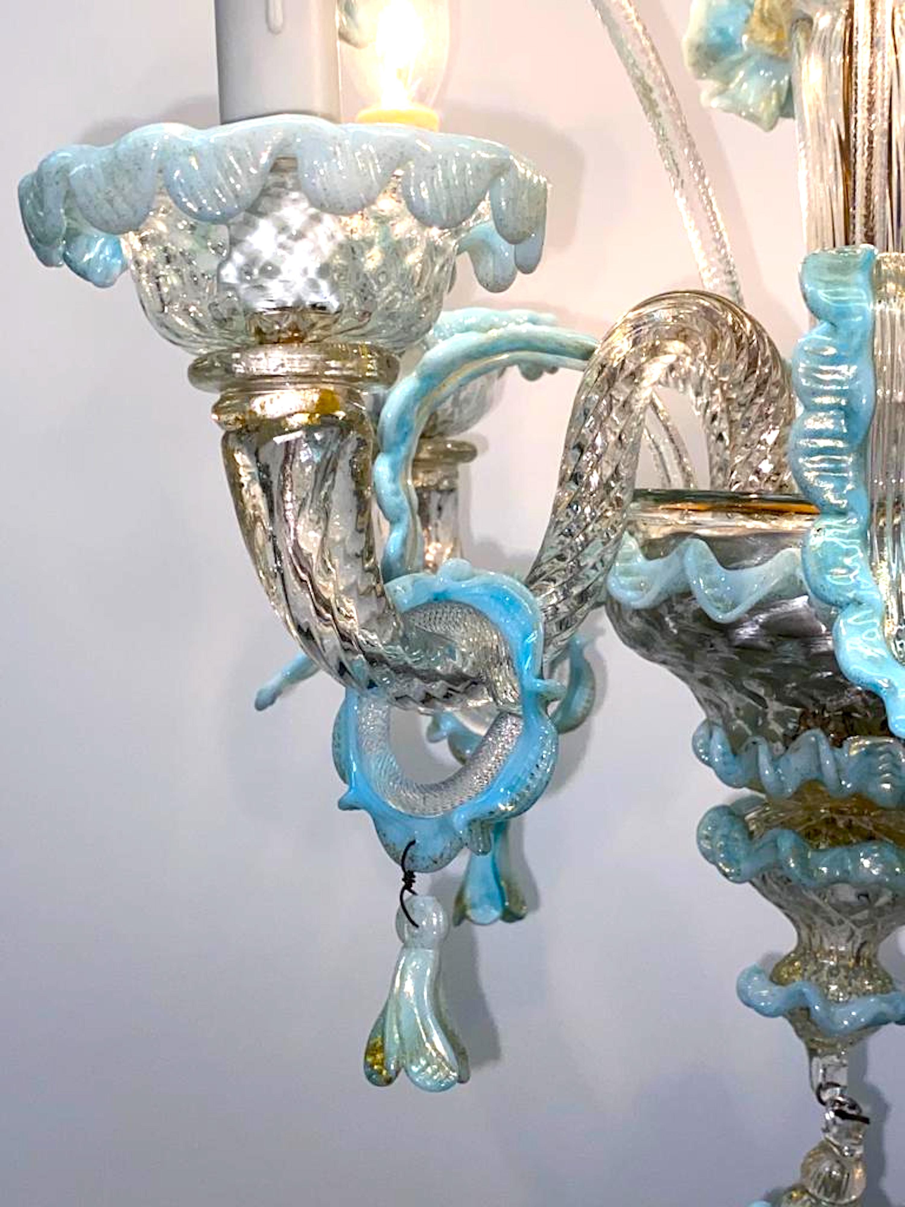 Classical Roman Italian 1950s Clear & Light Blue Venetian Glass Petit Chandelier