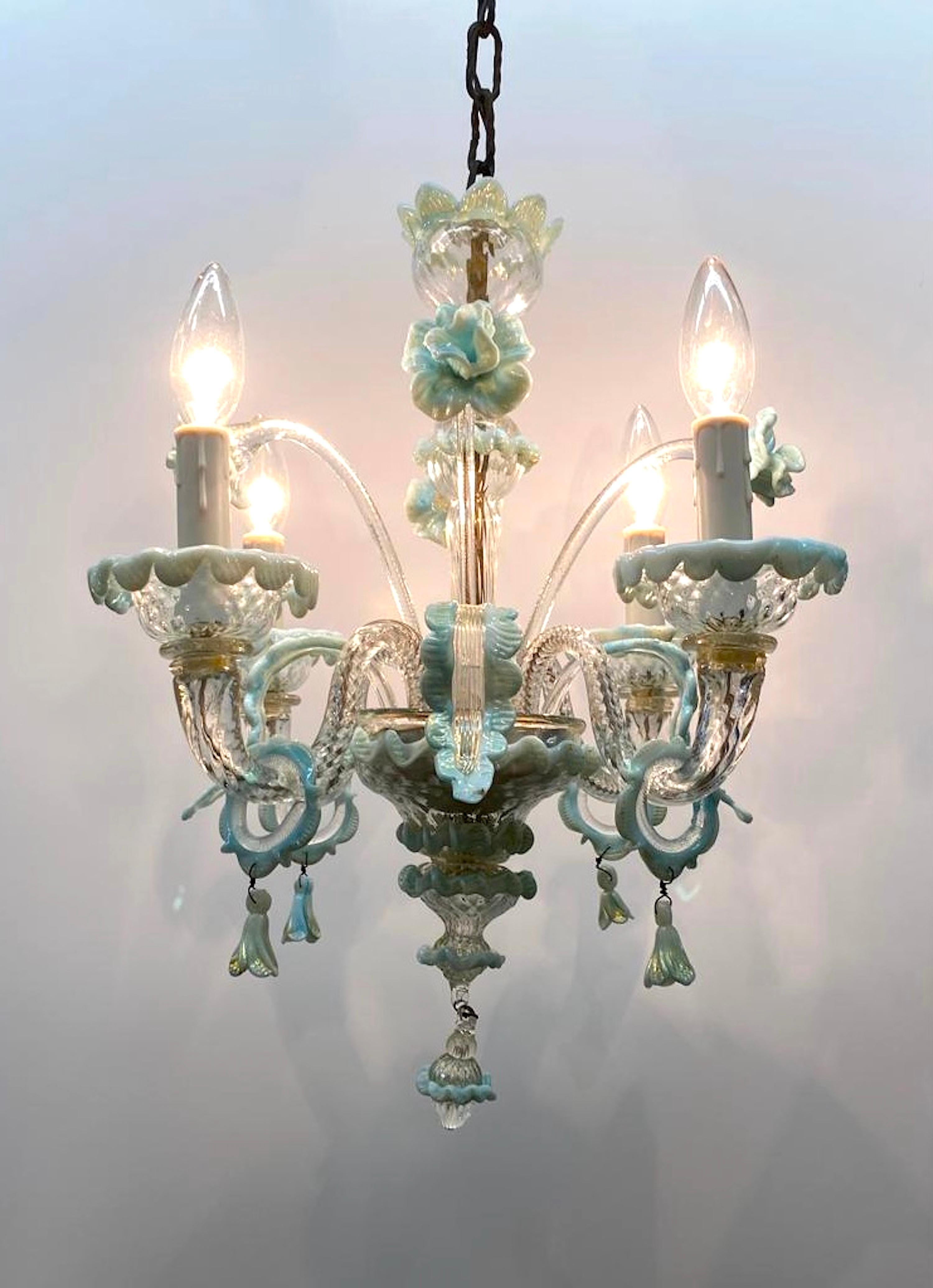 Mid-20th Century Italian 1950s Clear & Light Blue Venetian Glass Petit Chandelier