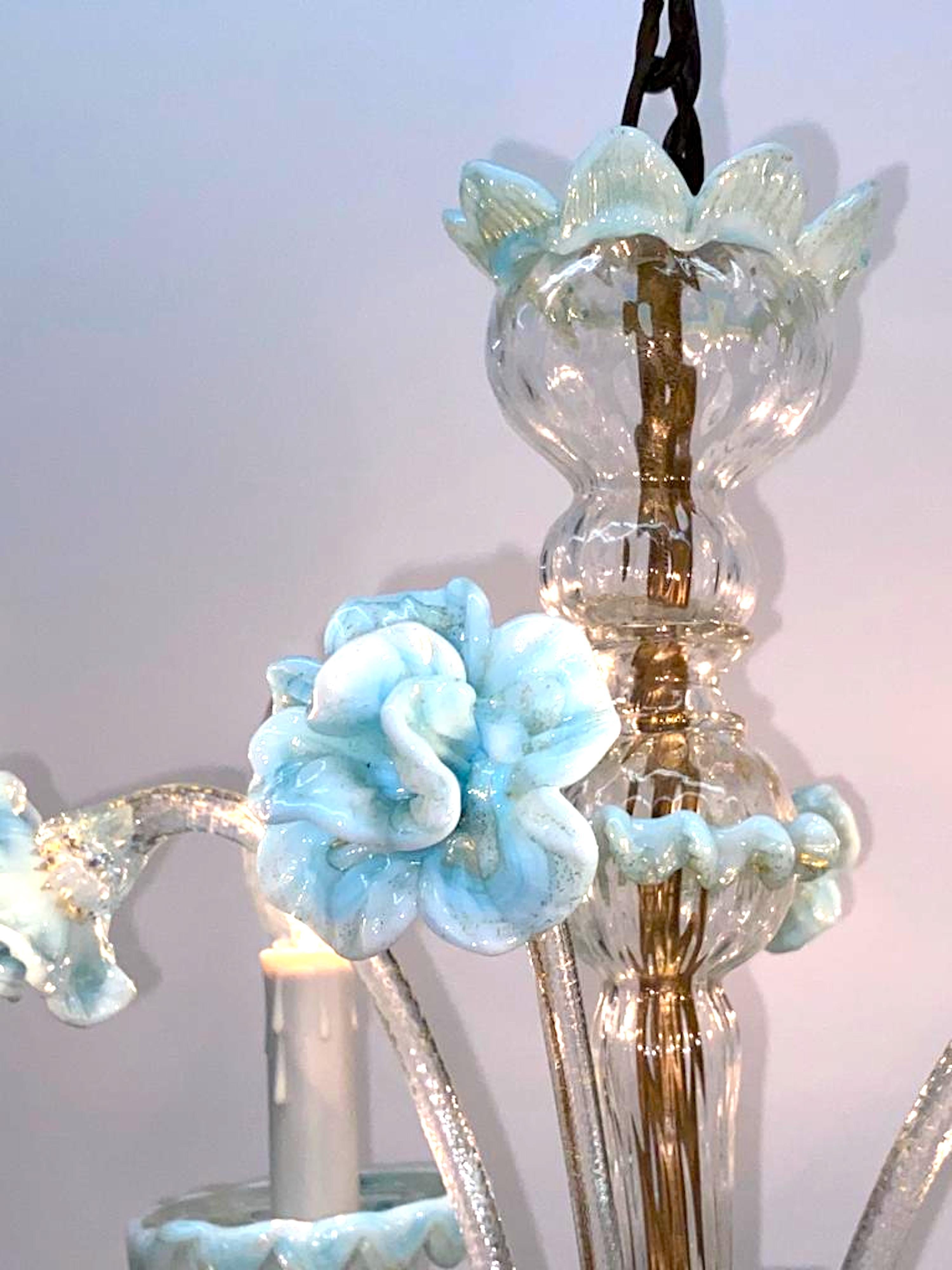 Blown Glass Italian 1950s Clear & Light Blue Venetian Glass Petit Chandelier