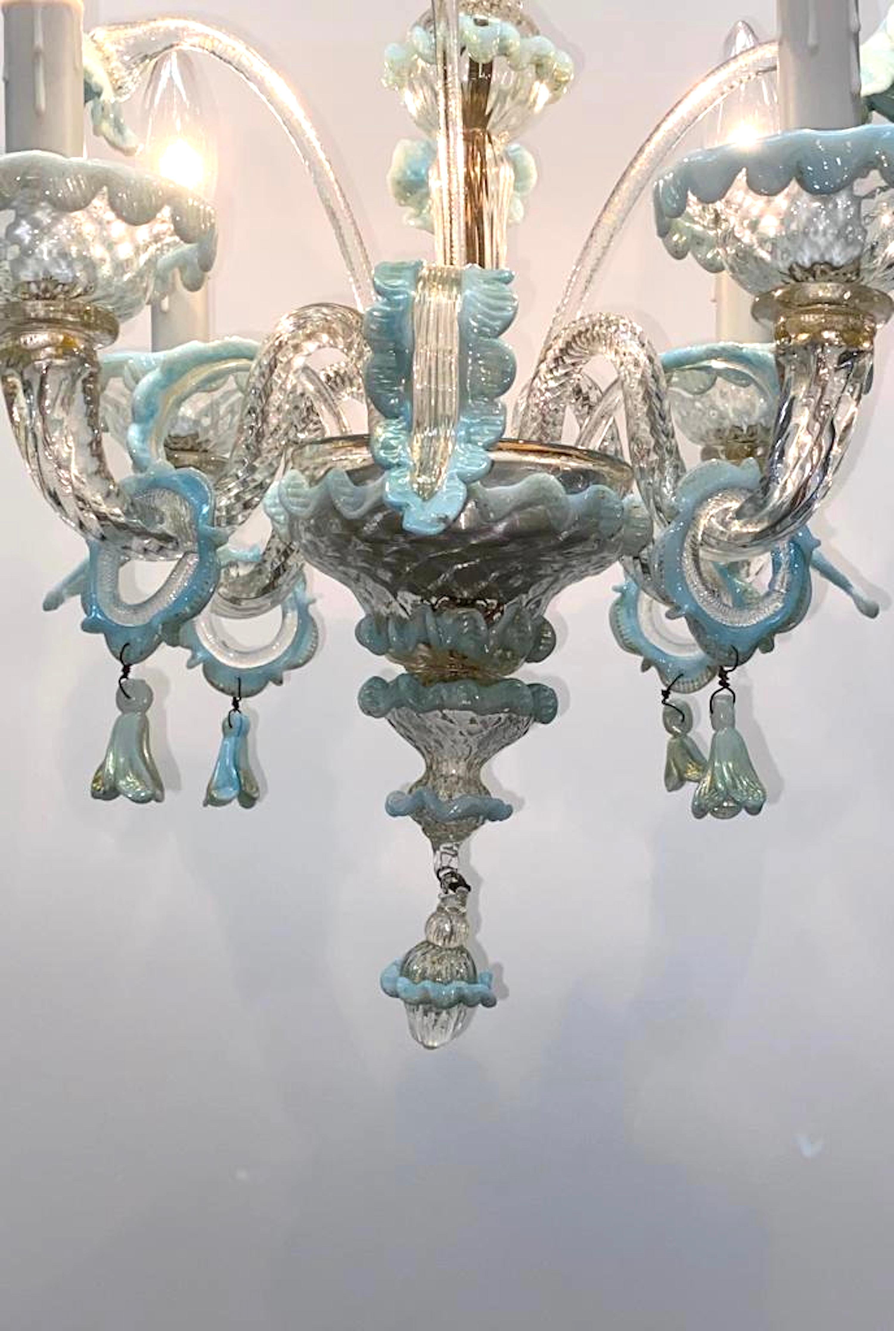 Italian 1950s Clear & Light Blue Venetian Glass Petit Chandelier 2