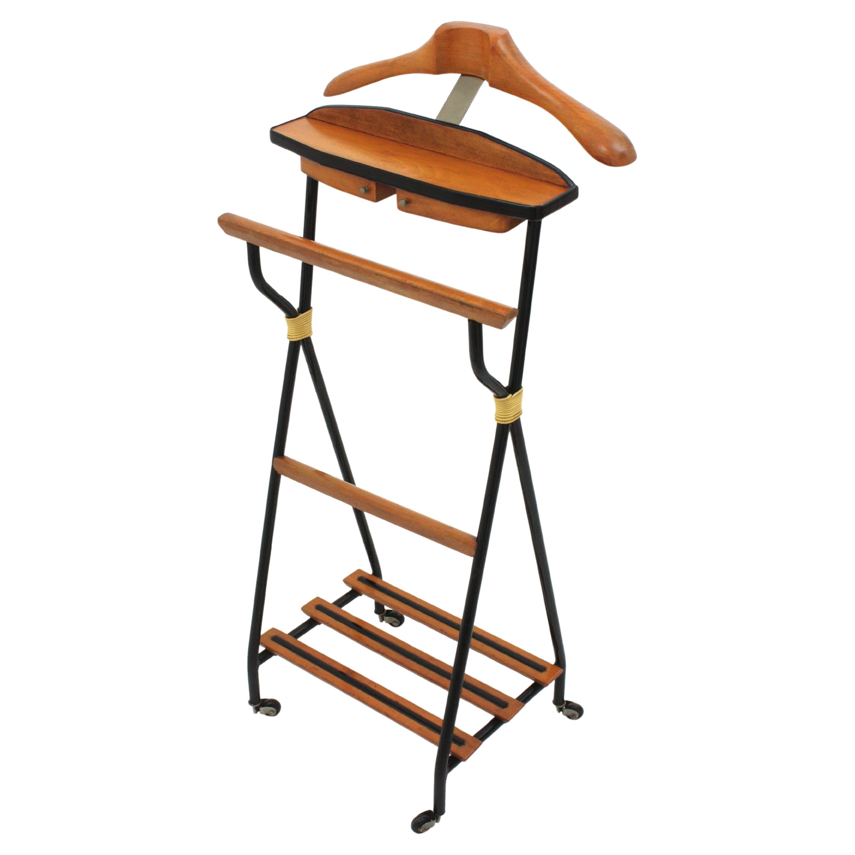 Italian 1950s Clothes Valet Stand in Black Metal and Wood For Sale