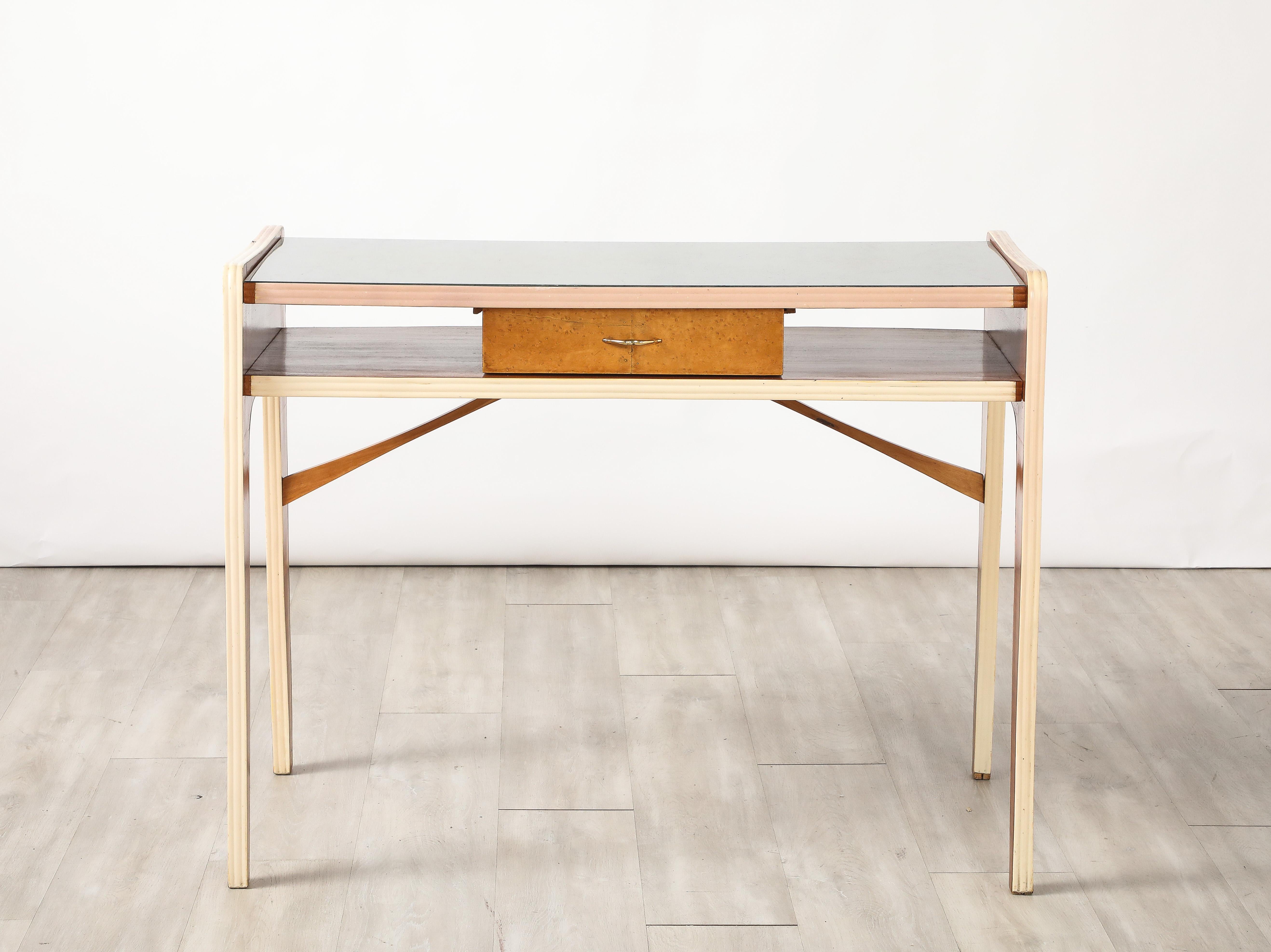 Mid-Century Modern Italian 1950's Console or Vanity Table with Glass Top For Sale