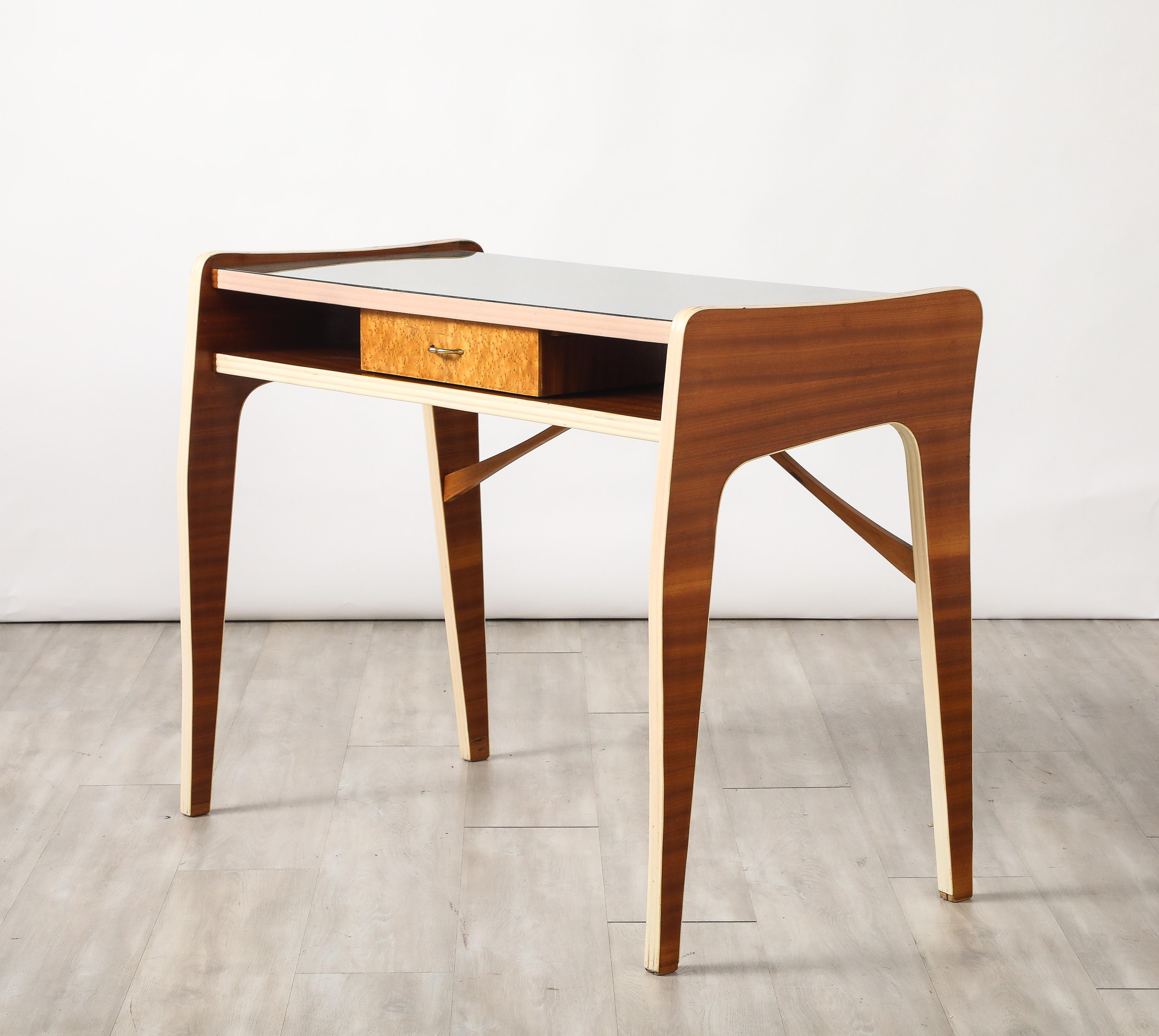 Veneer Italian 1950's Console or Vanity Table with Glass Top For Sale