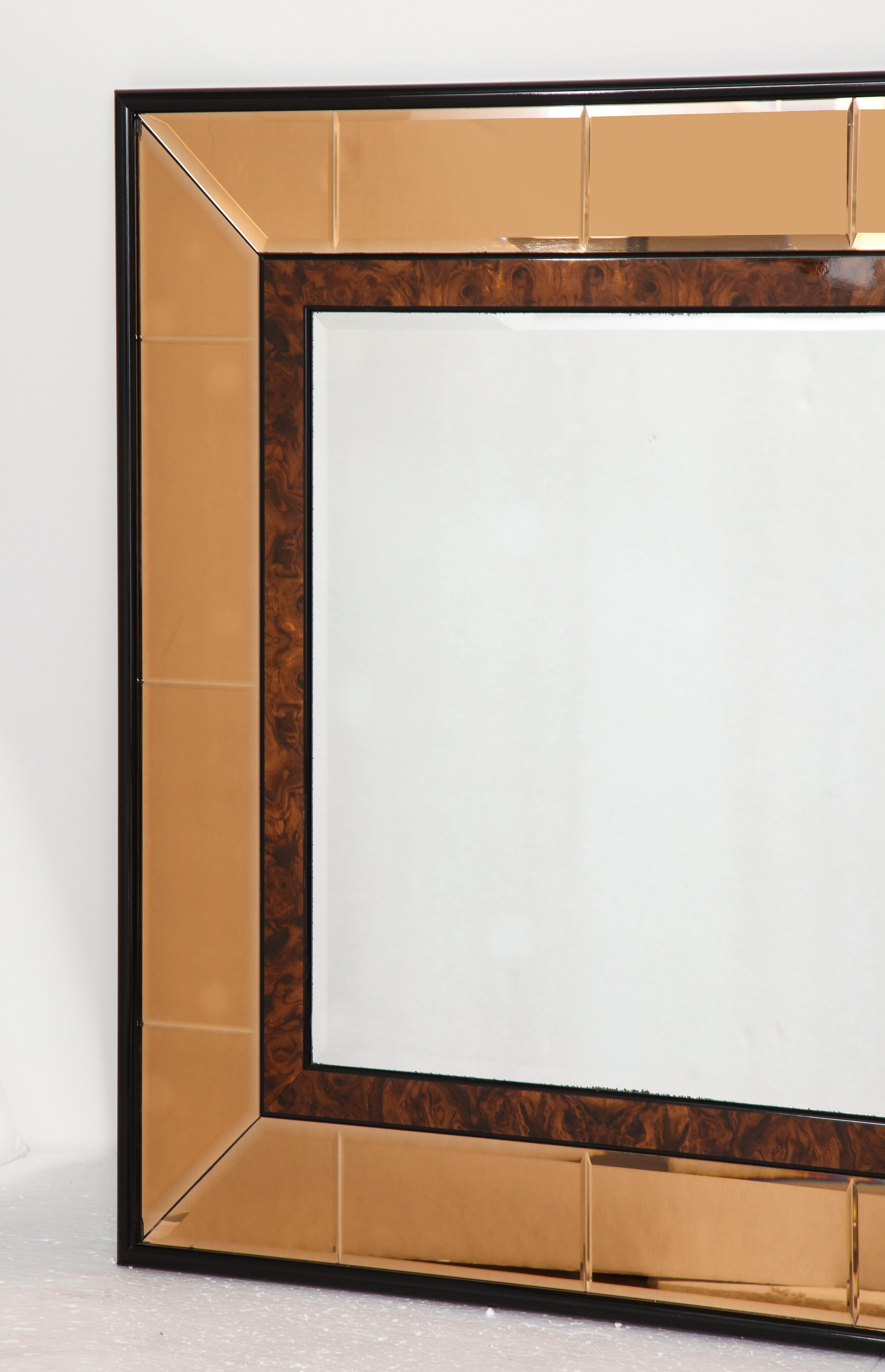 Italian 1950's Cristal Arte Amber/Rose Gold Glass and Burl Wood Mirror  In Good Condition In New York, NY