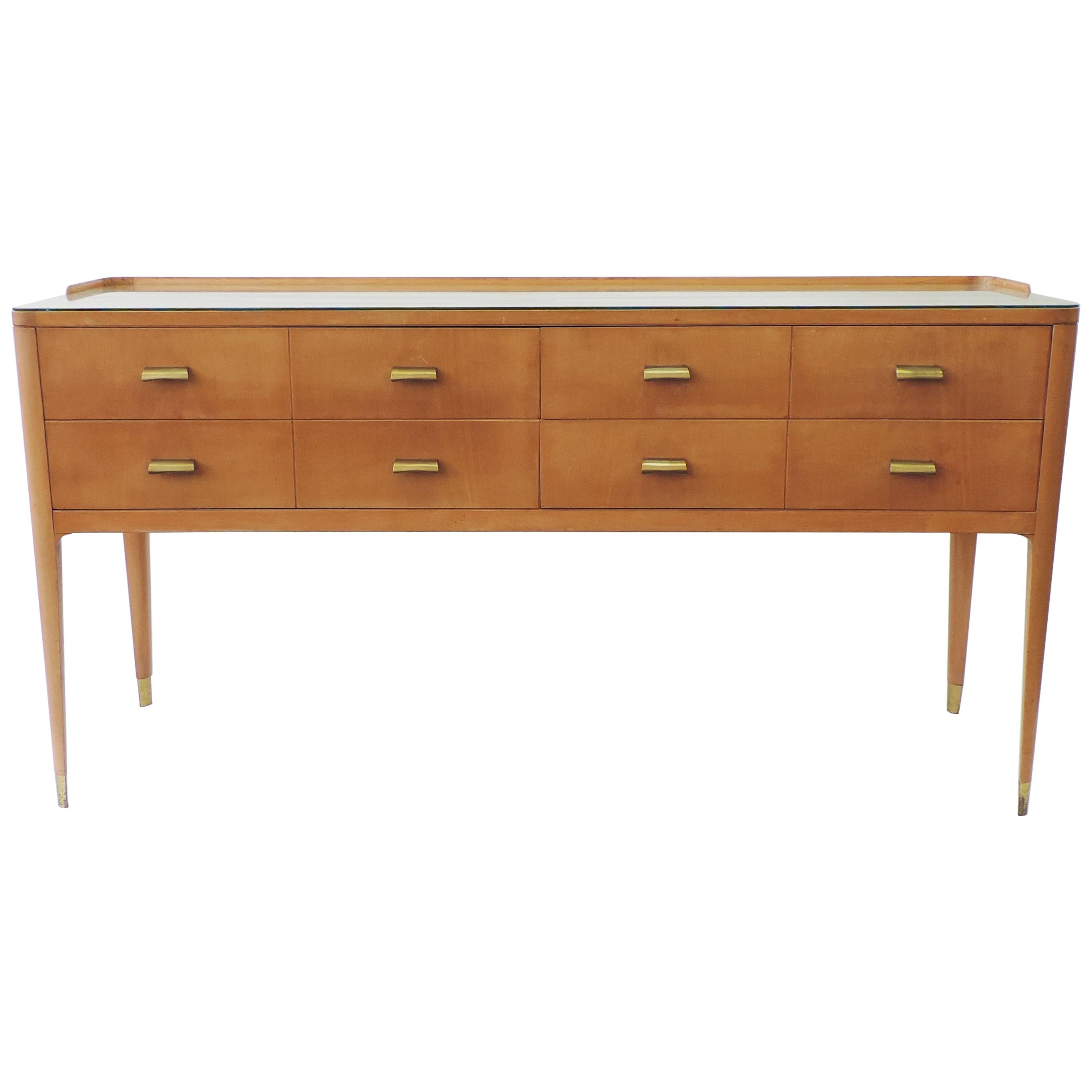 Italian 1950s Curved Wooden Sideboard with Brass Handles
