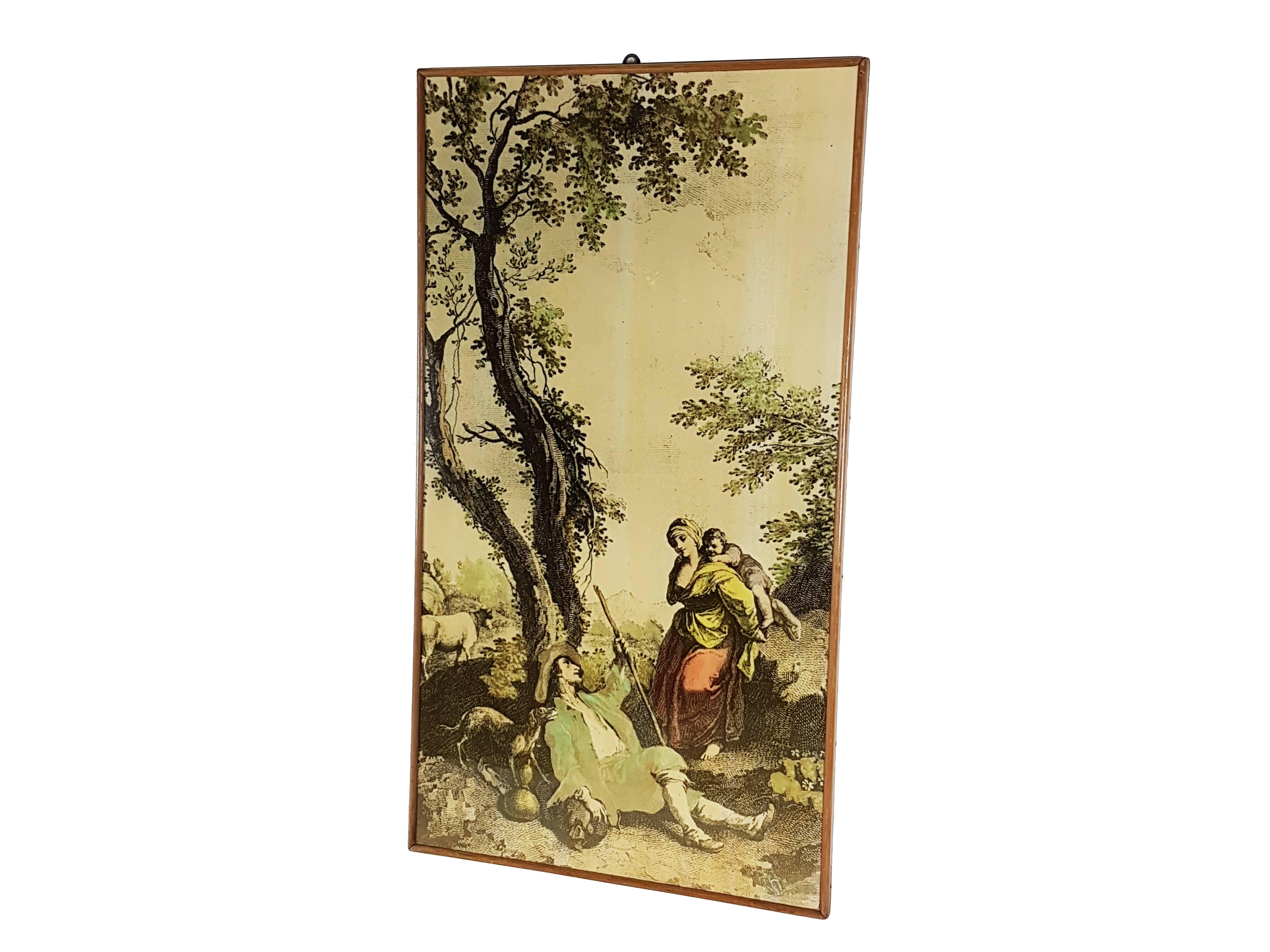 His picture is made from a wooden frame with a bucolic print subject covered by nitrocellulose finishing. This is a kind of decoration typical of the midcentury Italian furnishings.
