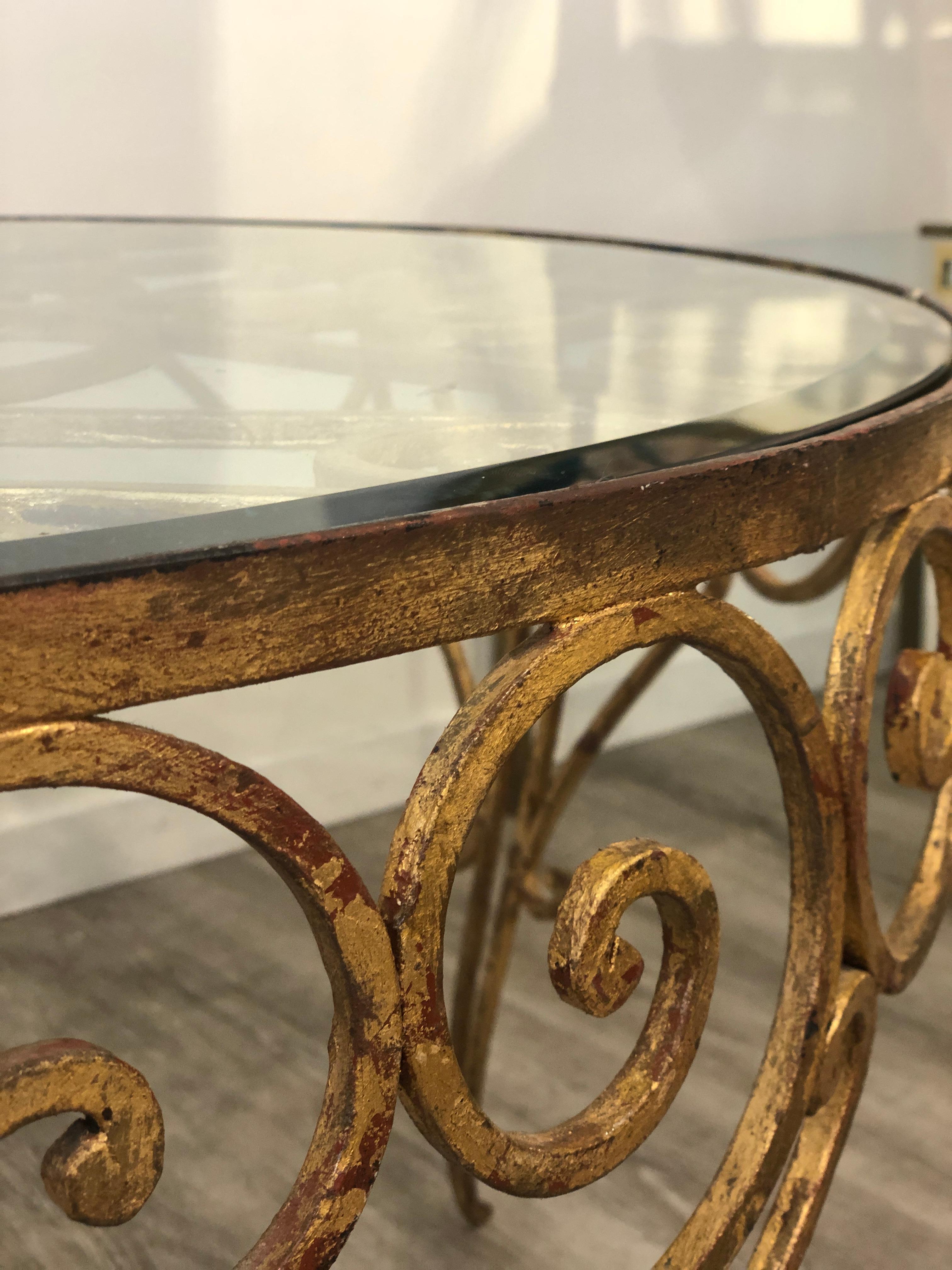 Italian 1950s Decorative Rounded Golden Wrought Iron Crystal Top Coffee Table 6