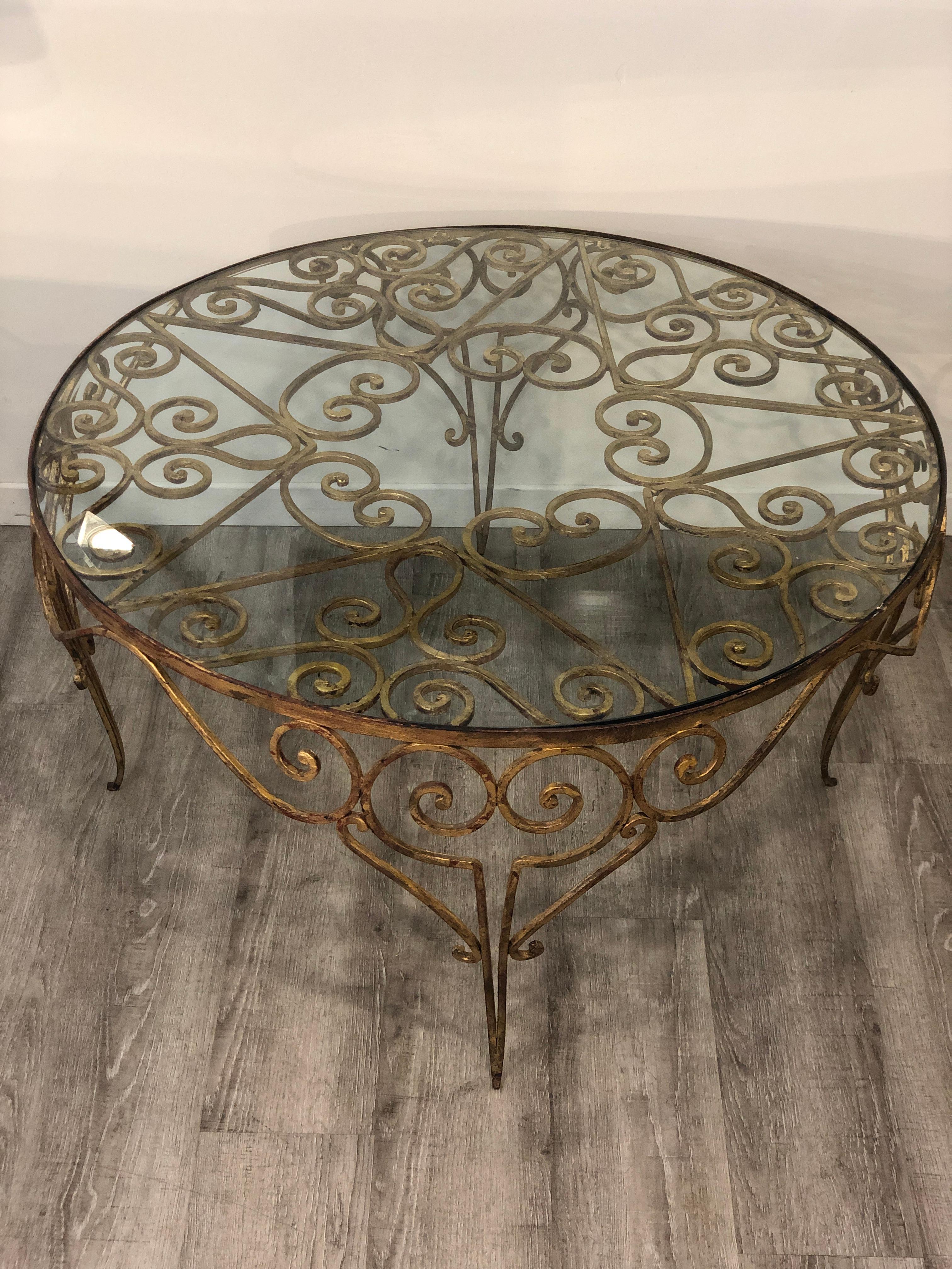 Italian 1950s Decorative Rounded Golden Wrought Iron Crystal Top Coffee Table 8