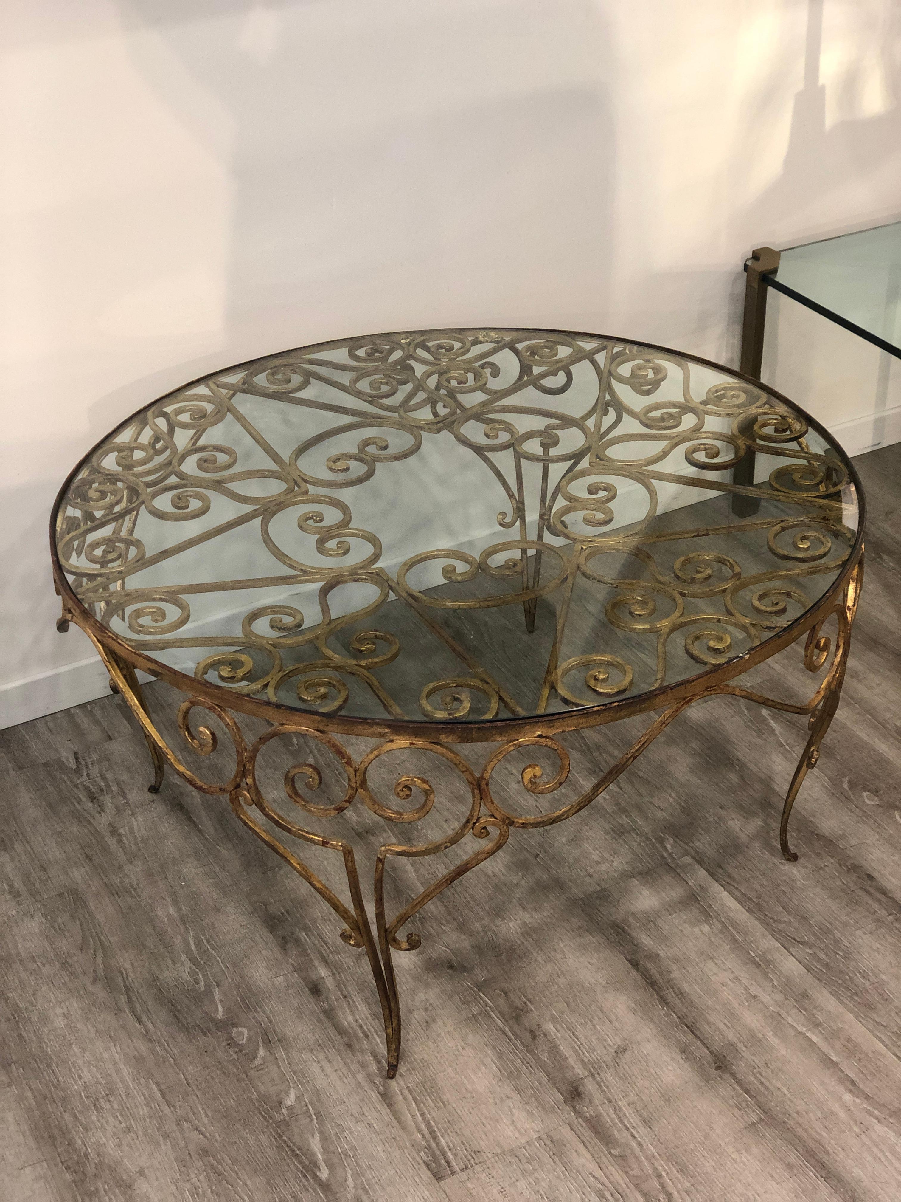 20th Century Italian 1950s Decorative Rounded Golden Wrought Iron Crystal Top Coffee Table
