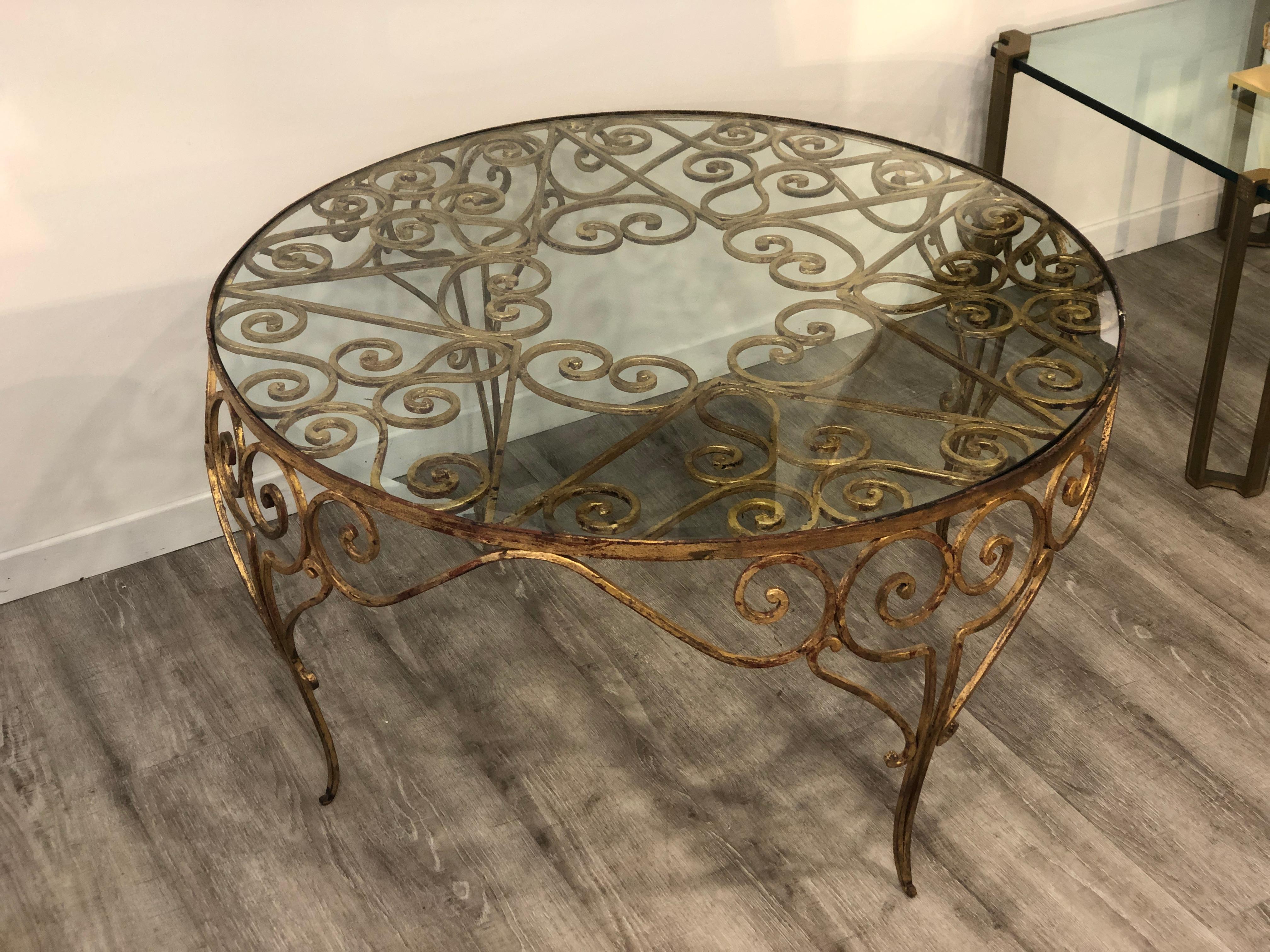 Italian 1950s Decorative Rounded Golden Wrought Iron Crystal Top Coffee Table 1