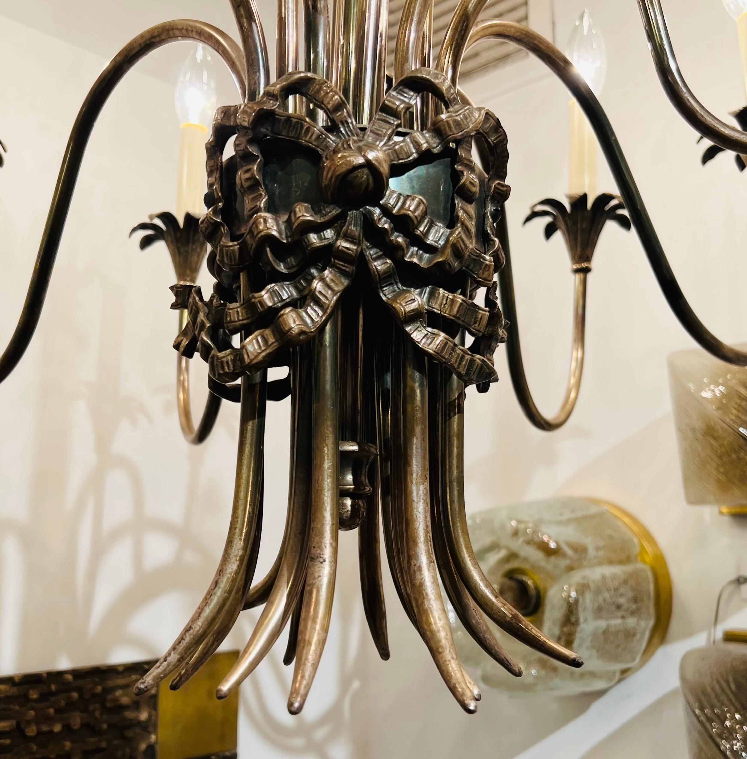 Italian 1950s Empire Silvered Swooping Chandelier For Sale 1