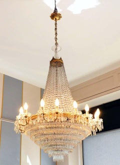 Italian 1950s Empire Style Crystal Drops and Golden Brass Crowns Chandelier