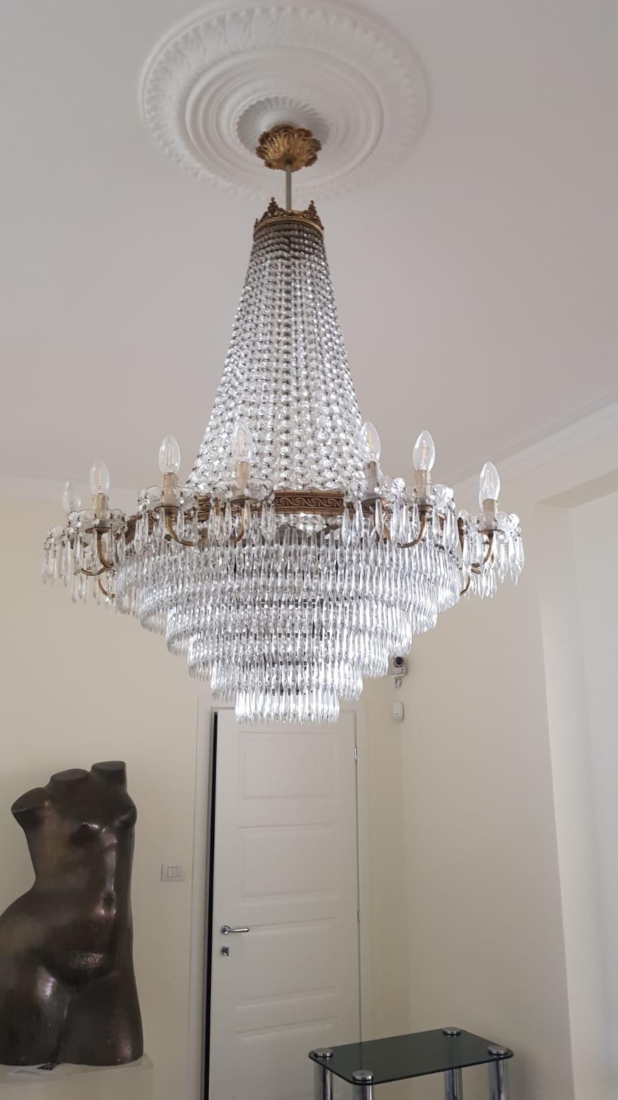 Italian 1950s Empire Style Crystal Drops and Golden Brass Crowns Chandelier 1