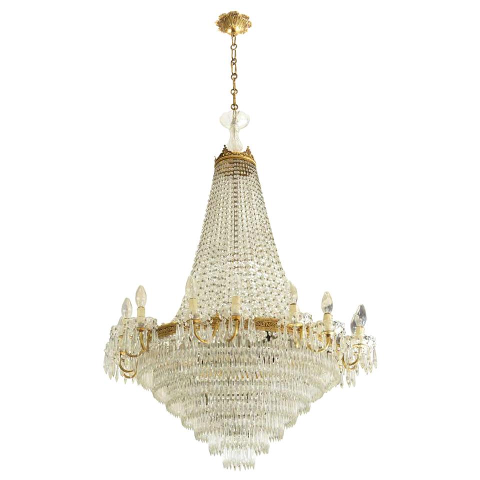 Italian 1950s Empire Style Crystal Drops and Golden Brass Crowns Chandelier