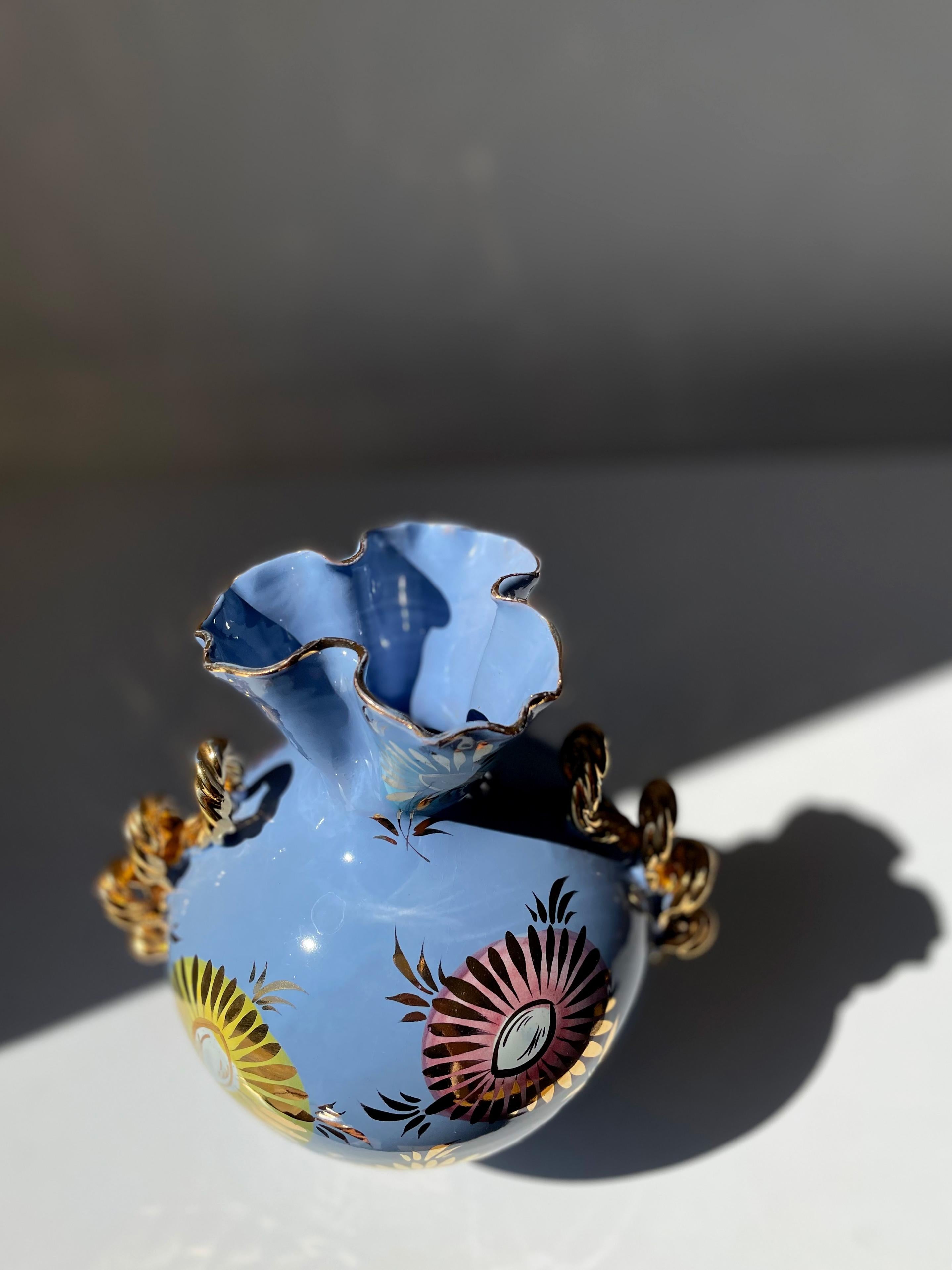 Italian 1950s Fiamma Light Blue Golden Floral Decor Vase For Sale 3