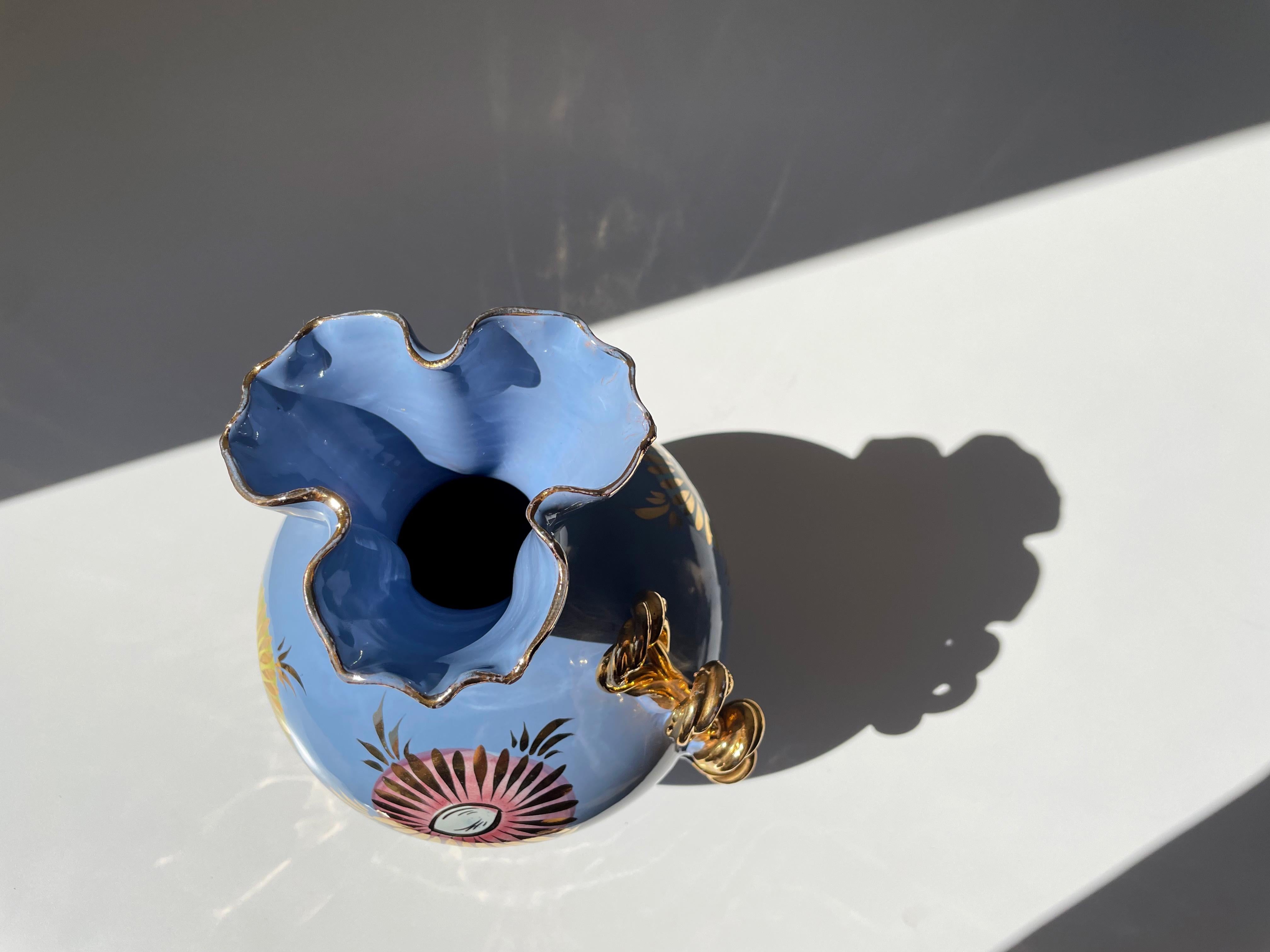 Italian 1950s Fiamma Light Blue Golden Floral Decor Vase For Sale 4