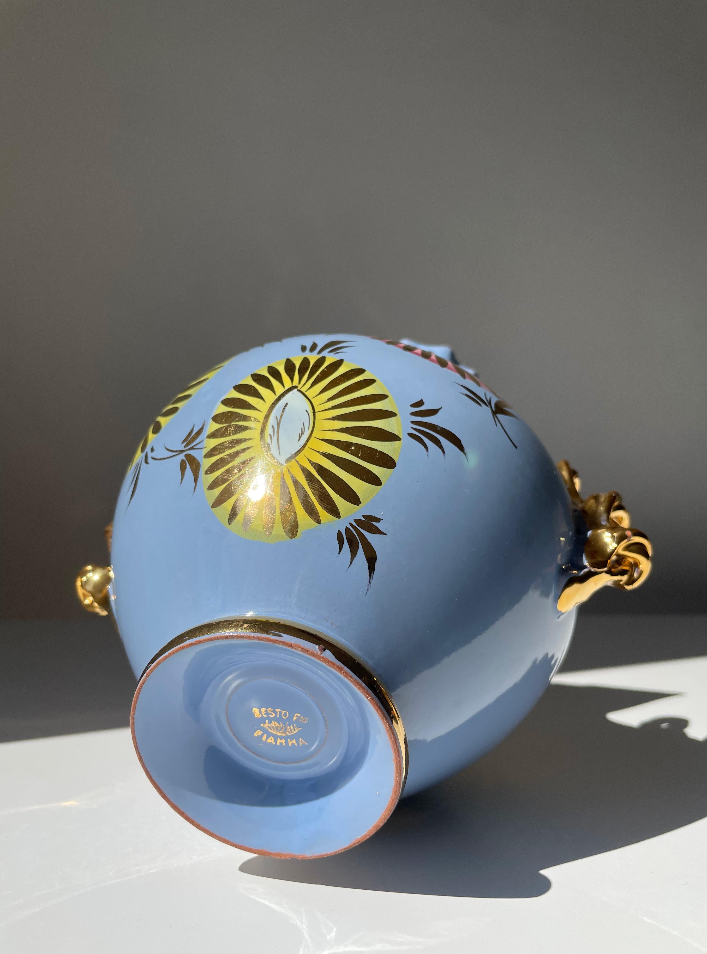 Italian 1950s Fiamma Light Blue Golden Floral Decor Vase For Sale 5