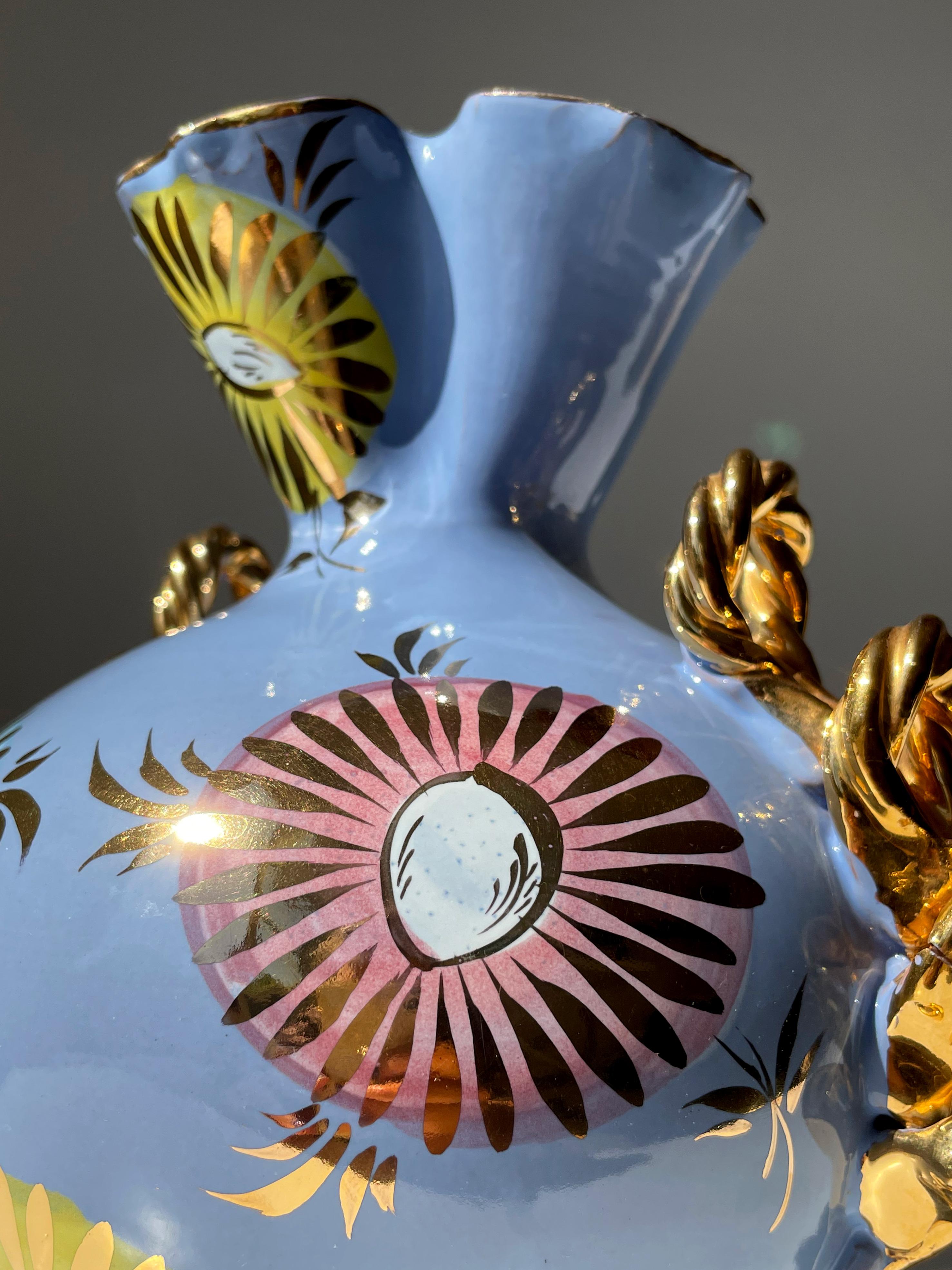 Italian 1950s Fiamma Light Blue Golden Floral Decor Vase For Sale 6