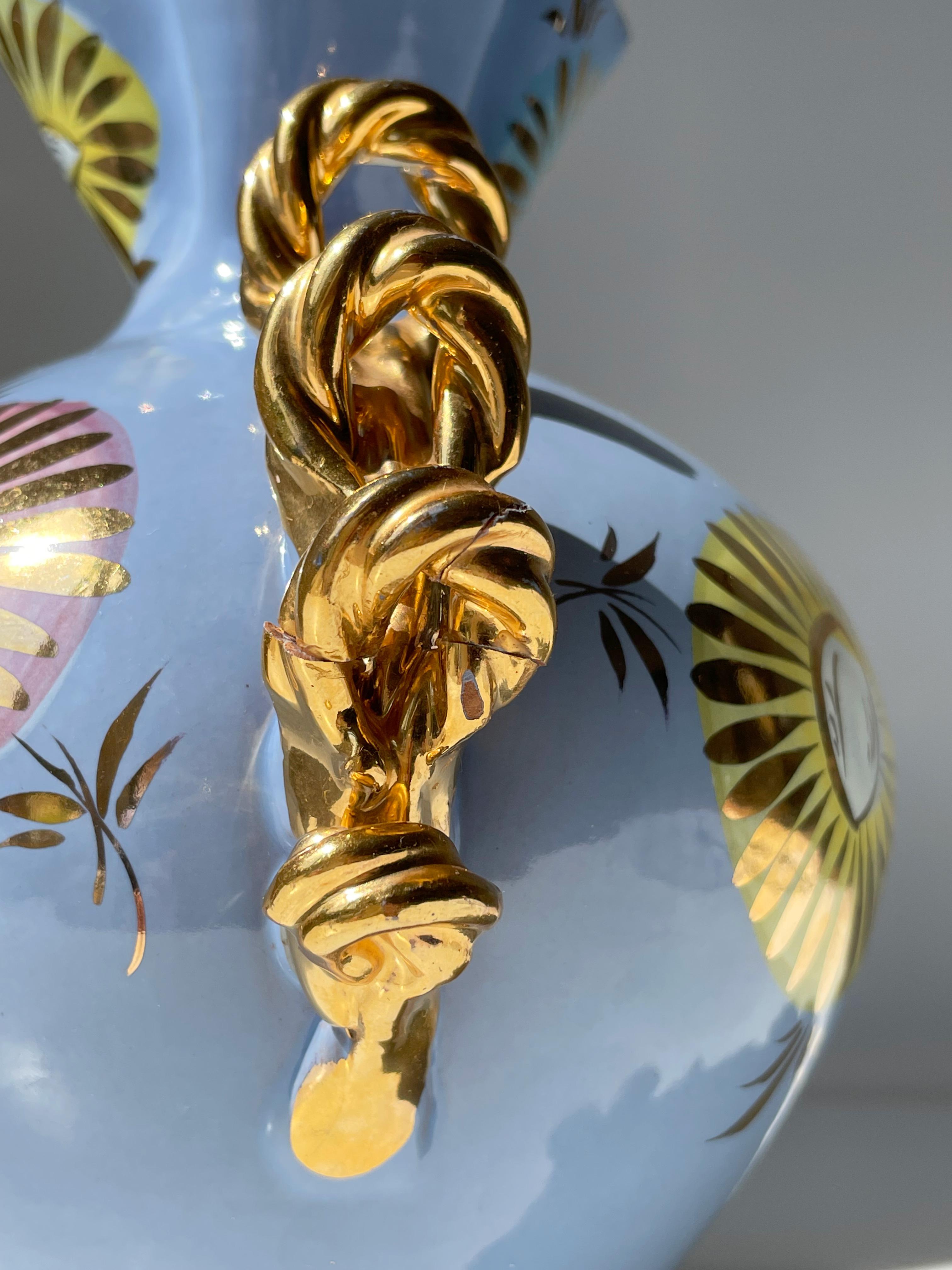 Italian 1950s Fiamma Light Blue Golden Floral Decor Vase For Sale 7