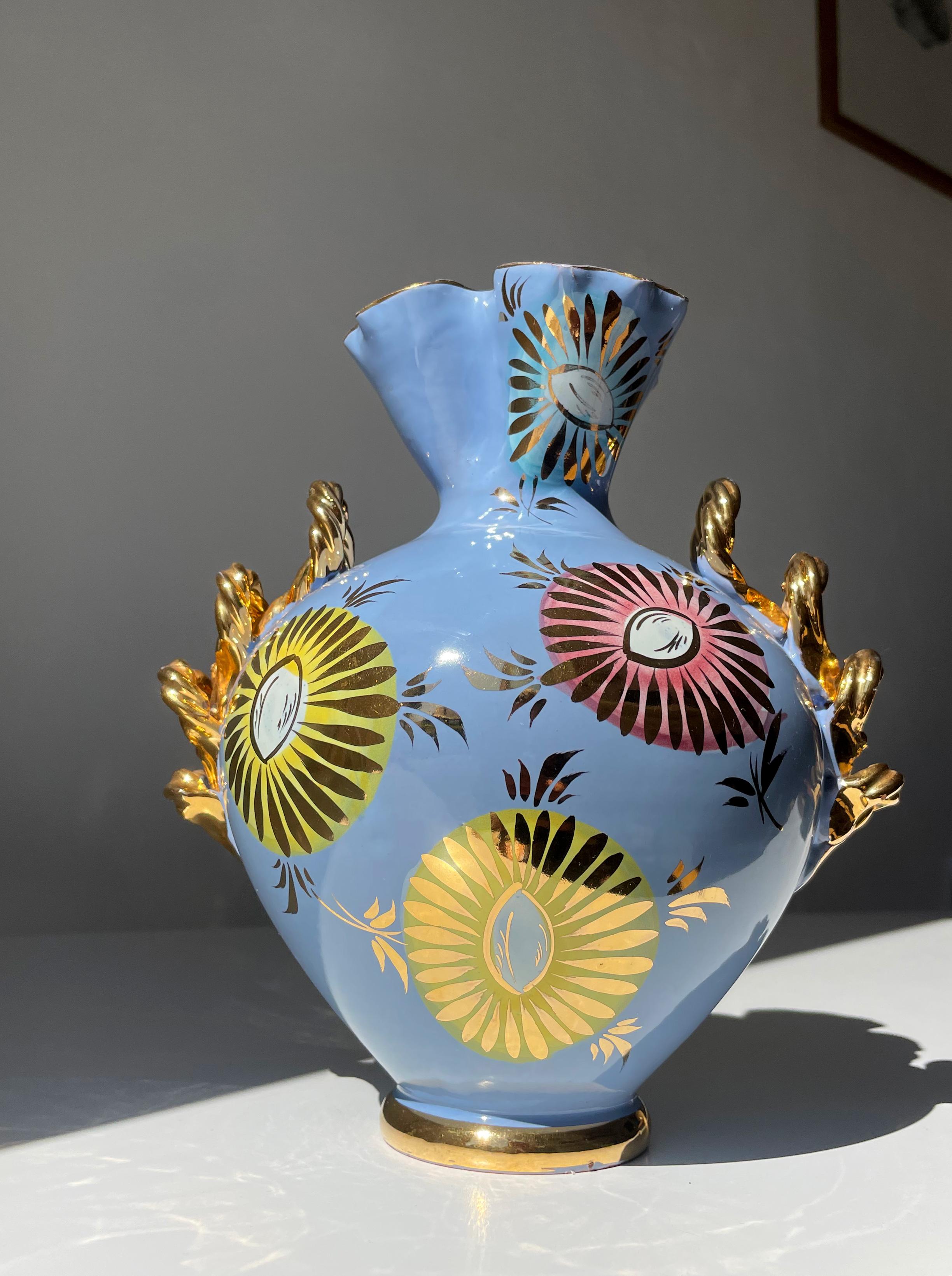 Mid-Century Modern Italian 1950s Fiamma Light Blue Golden Floral Decor Vase For Sale
