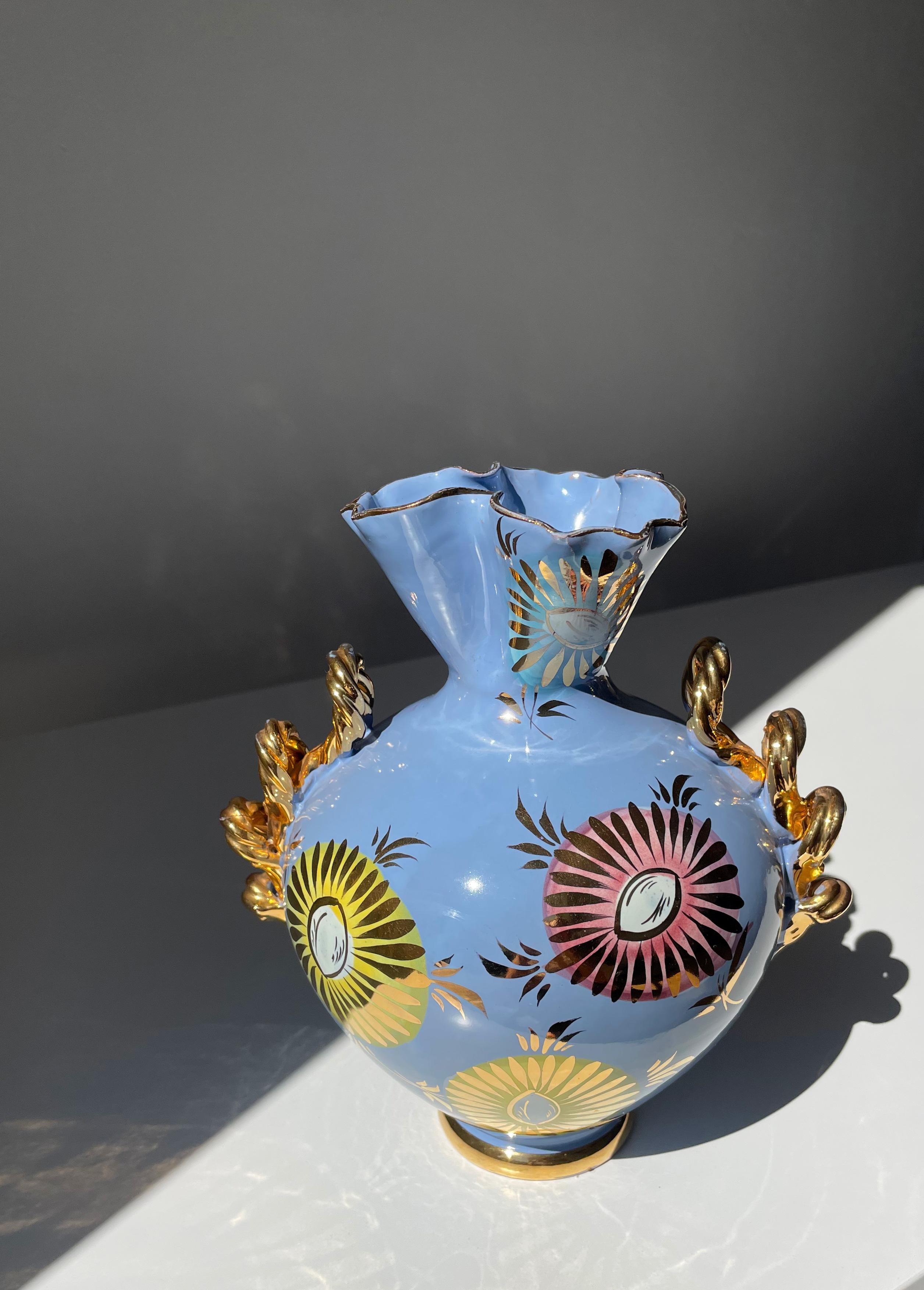 Hand-Painted Italian 1950s Fiamma Light Blue Golden Floral Decor Vase For Sale