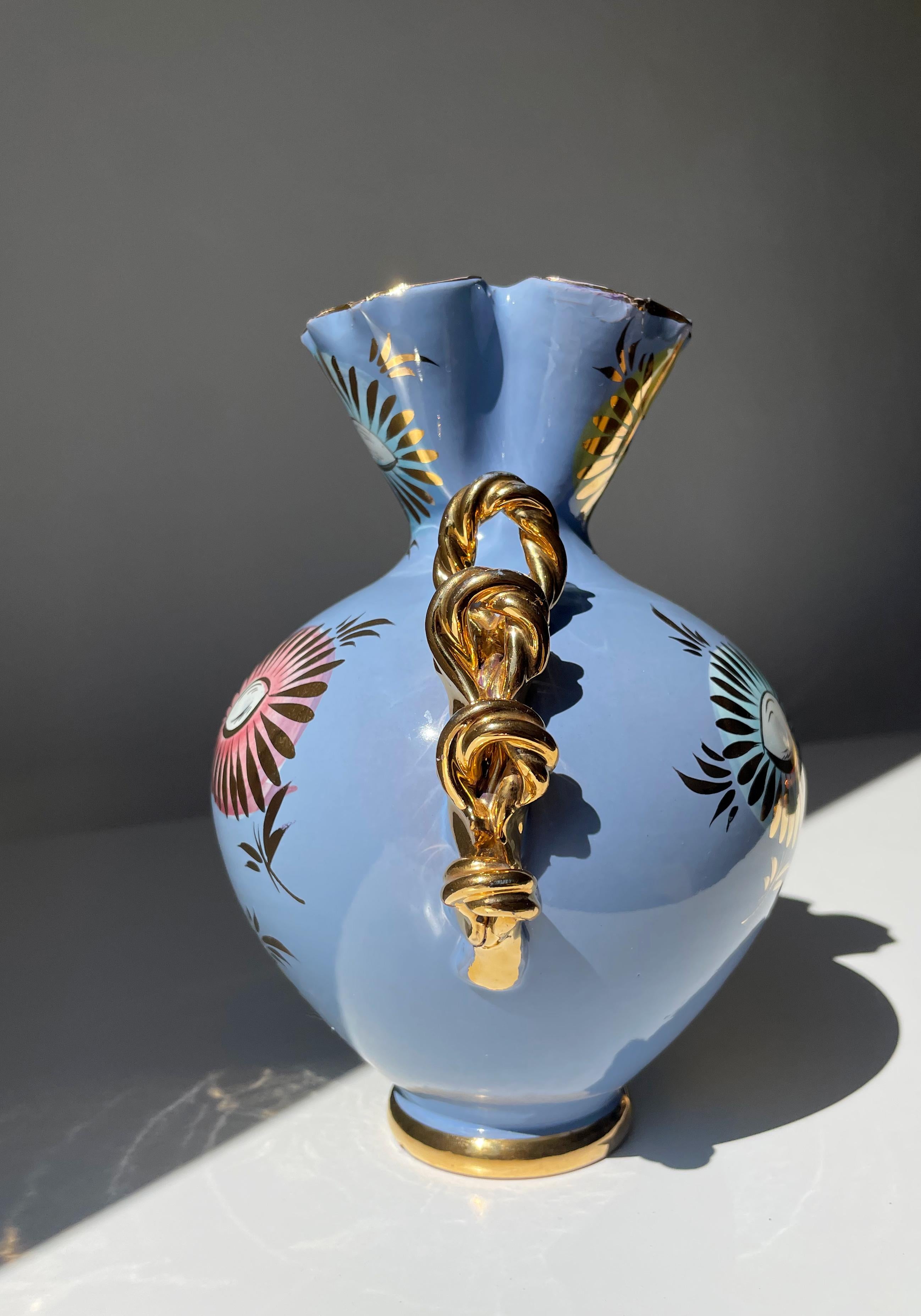 Italian 1950s Fiamma Light Blue Golden Floral Decor Vase In Good Condition For Sale In Copenhagen, DK