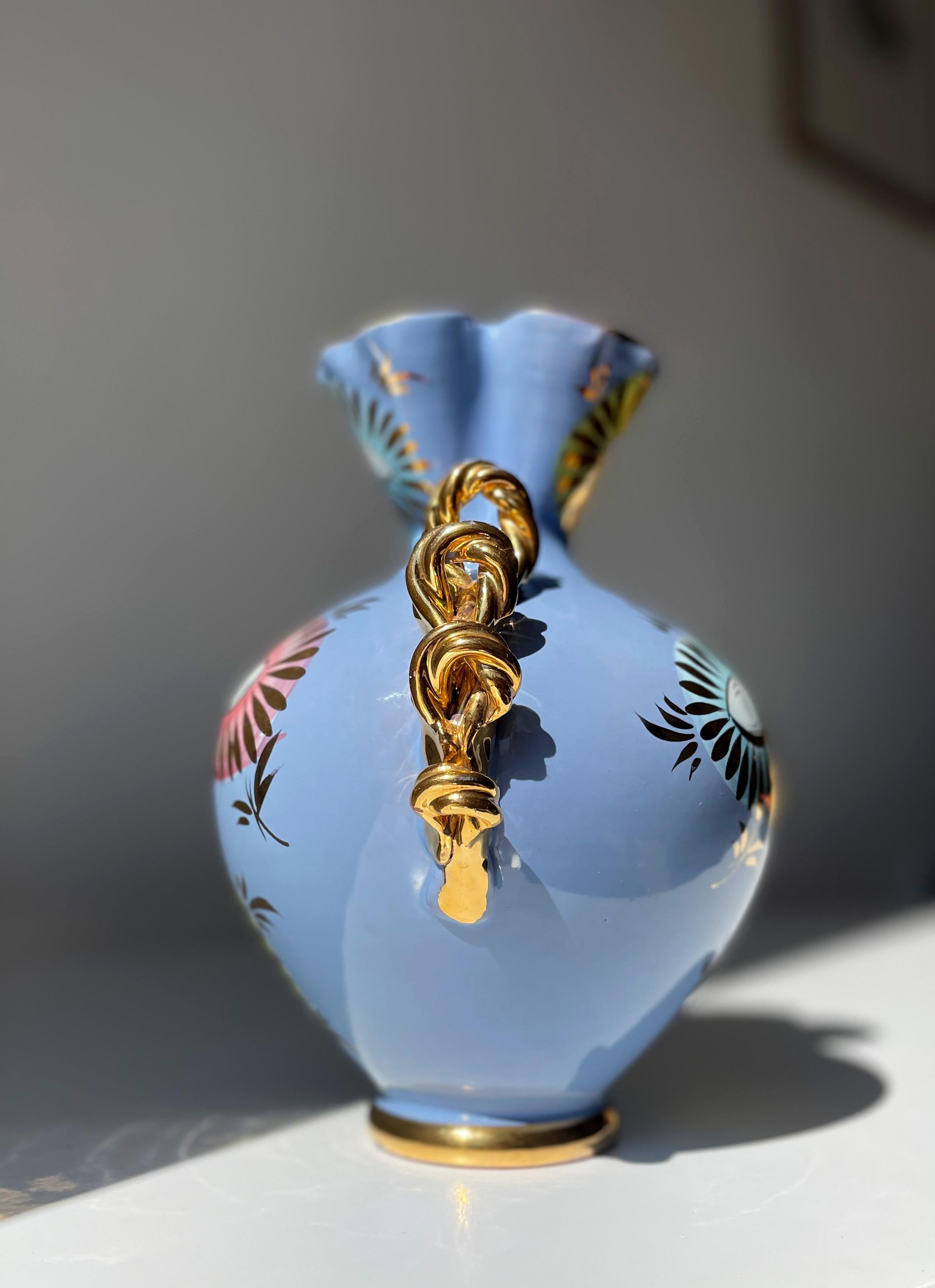 20th Century Italian 1950s Fiamma Light Blue Golden Floral Decor Vase For Sale