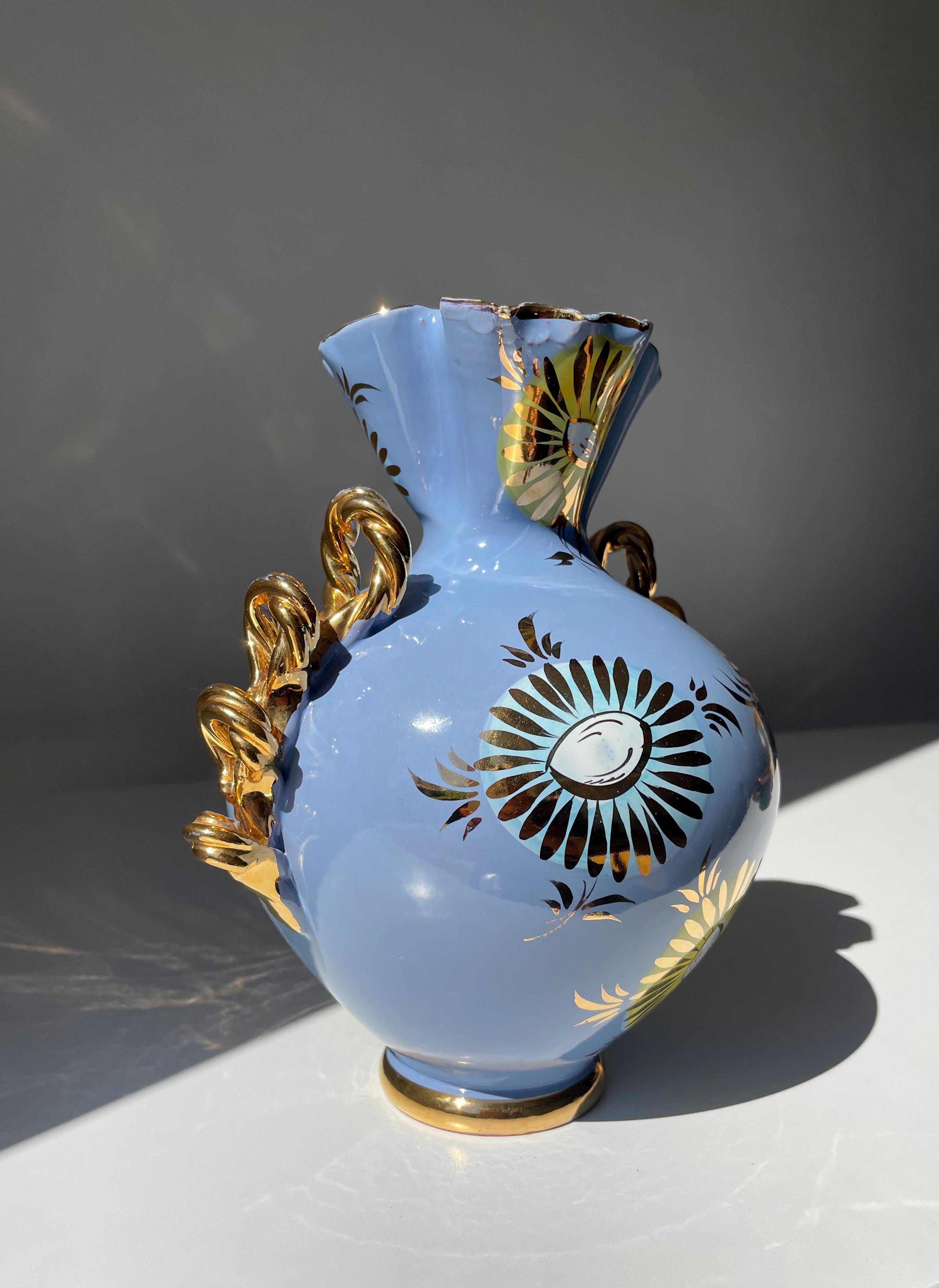 Porcelain Italian 1950s Fiamma Light Blue Golden Floral Decor Vase For Sale