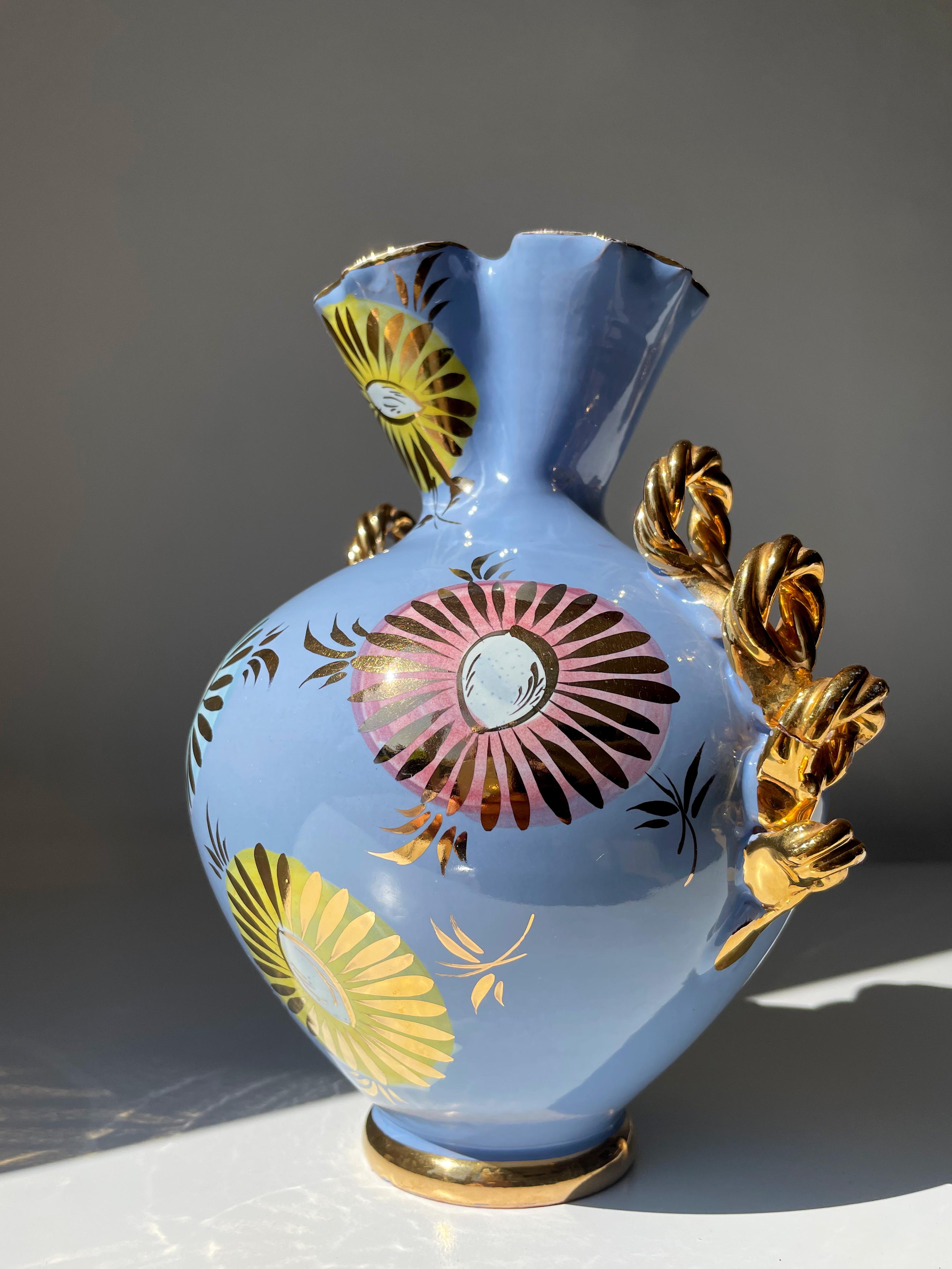 Italian 1950s Fiamma Light Blue Golden Floral Decor Vase For Sale 2