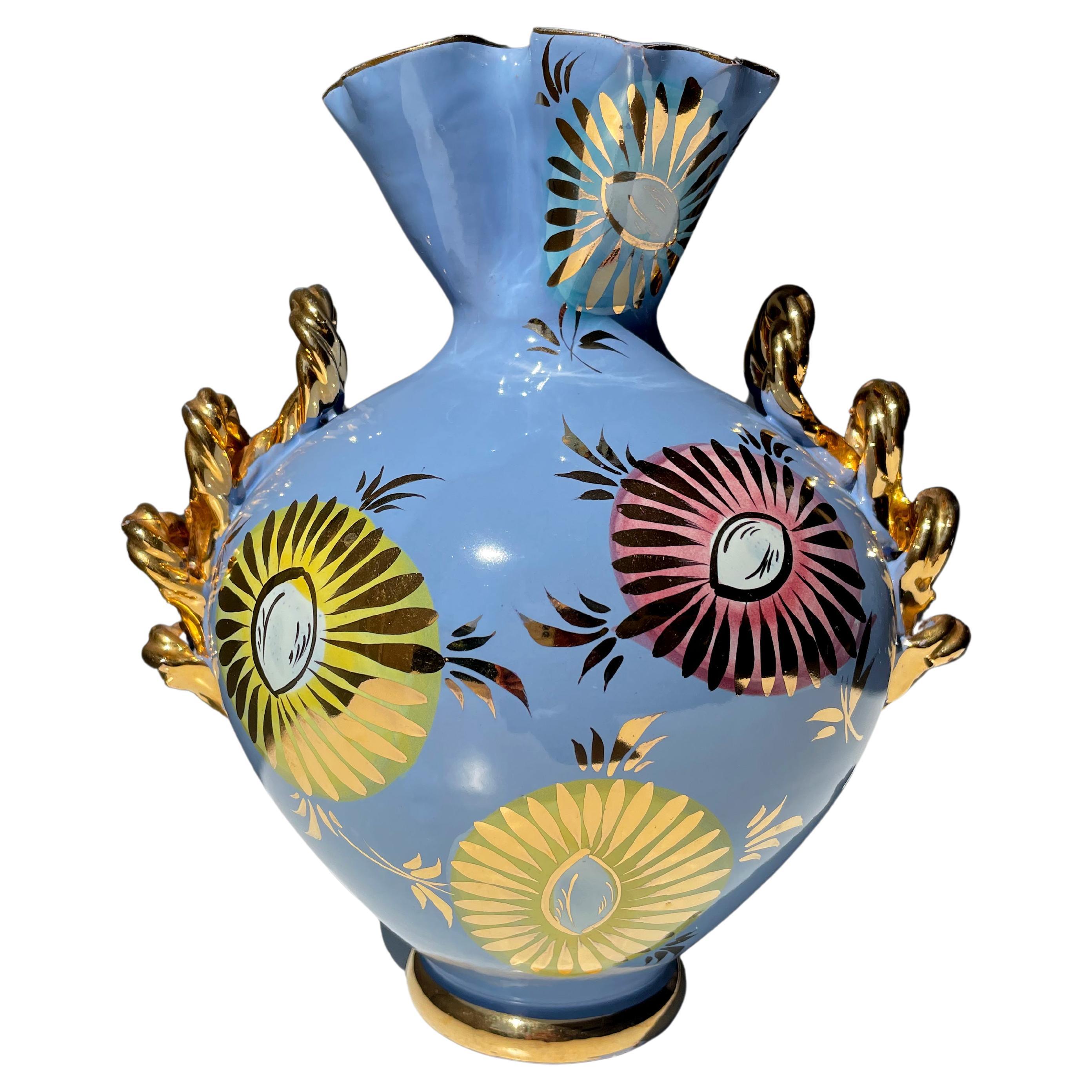 Italian 1950s Fiamma Light Blue Golden Floral Decor Vase For Sale