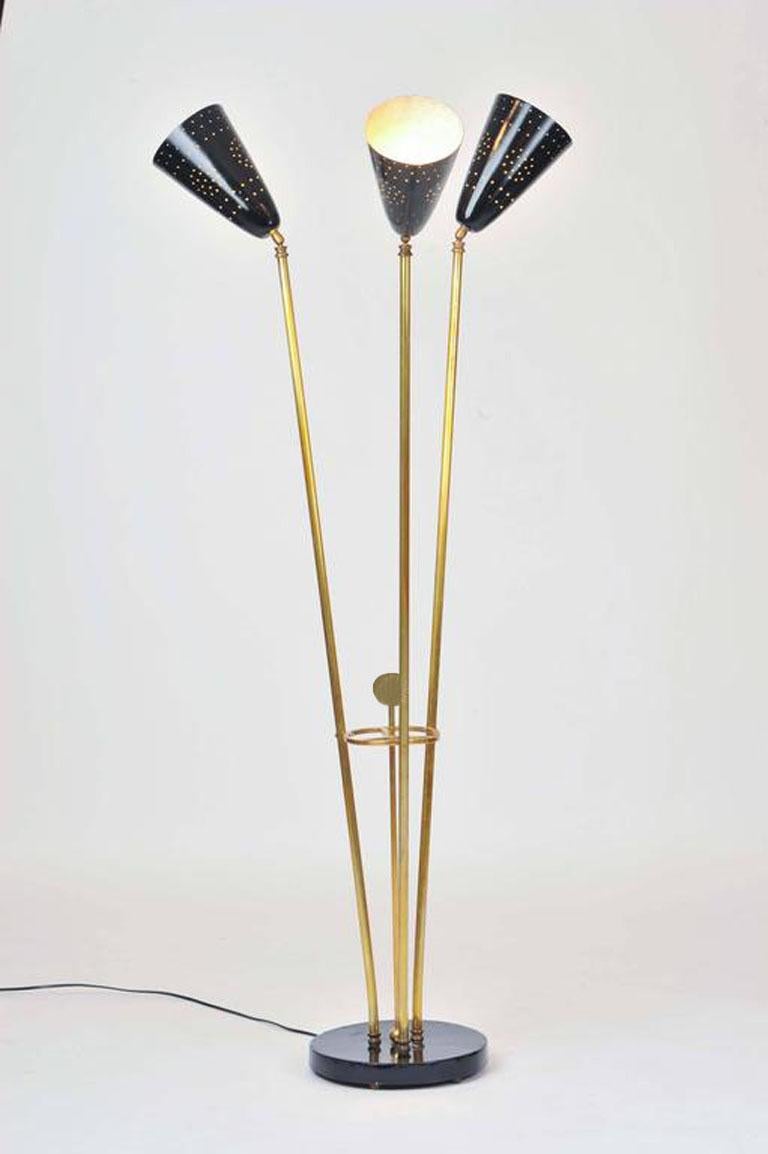 Italian 1950s Floor Lamp with Articulated Black Perforated Shades and Brass 5