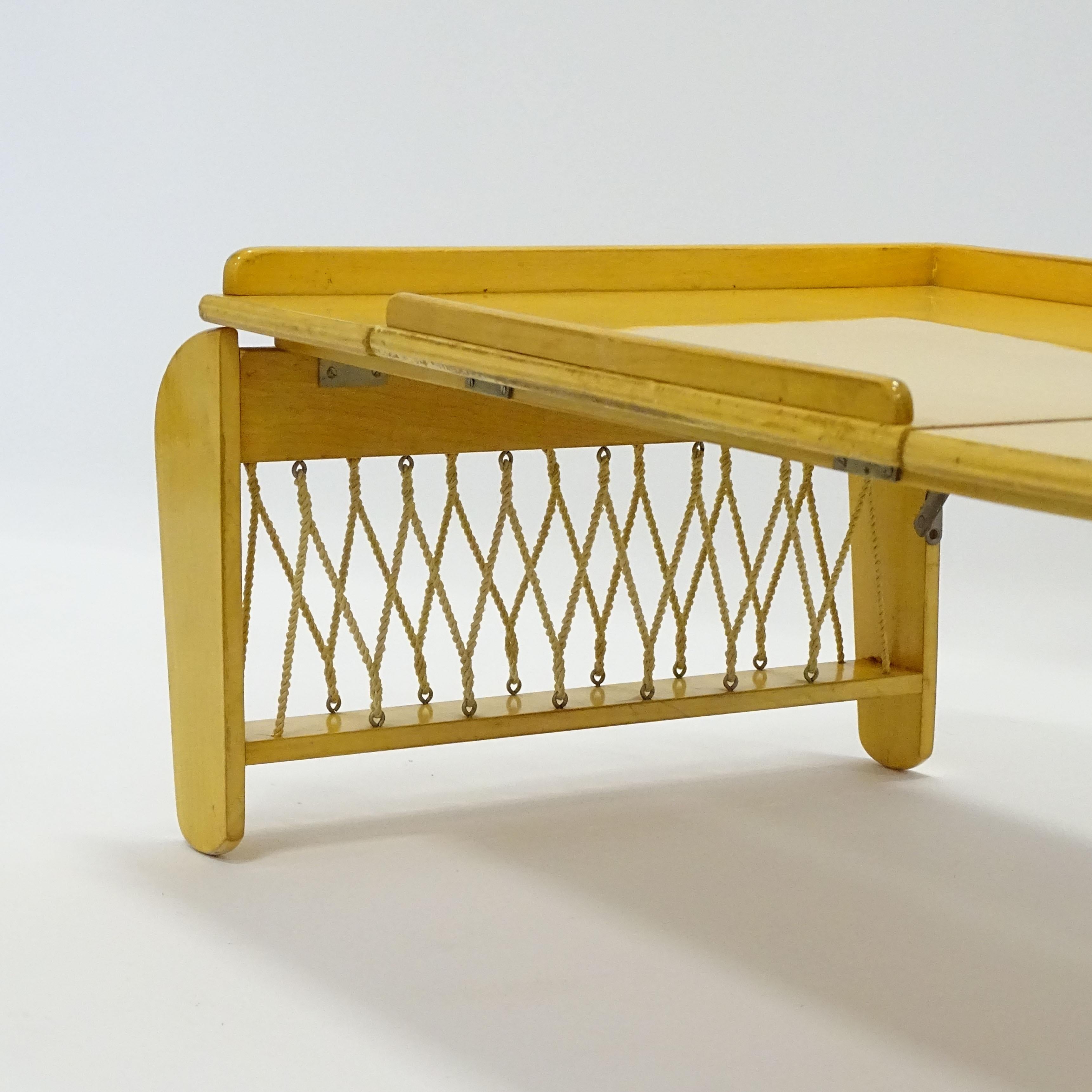 Mid-Century Modern Italian 1950s Foldable Tray Table with Adjustable Book Ledger in Wood and Rope