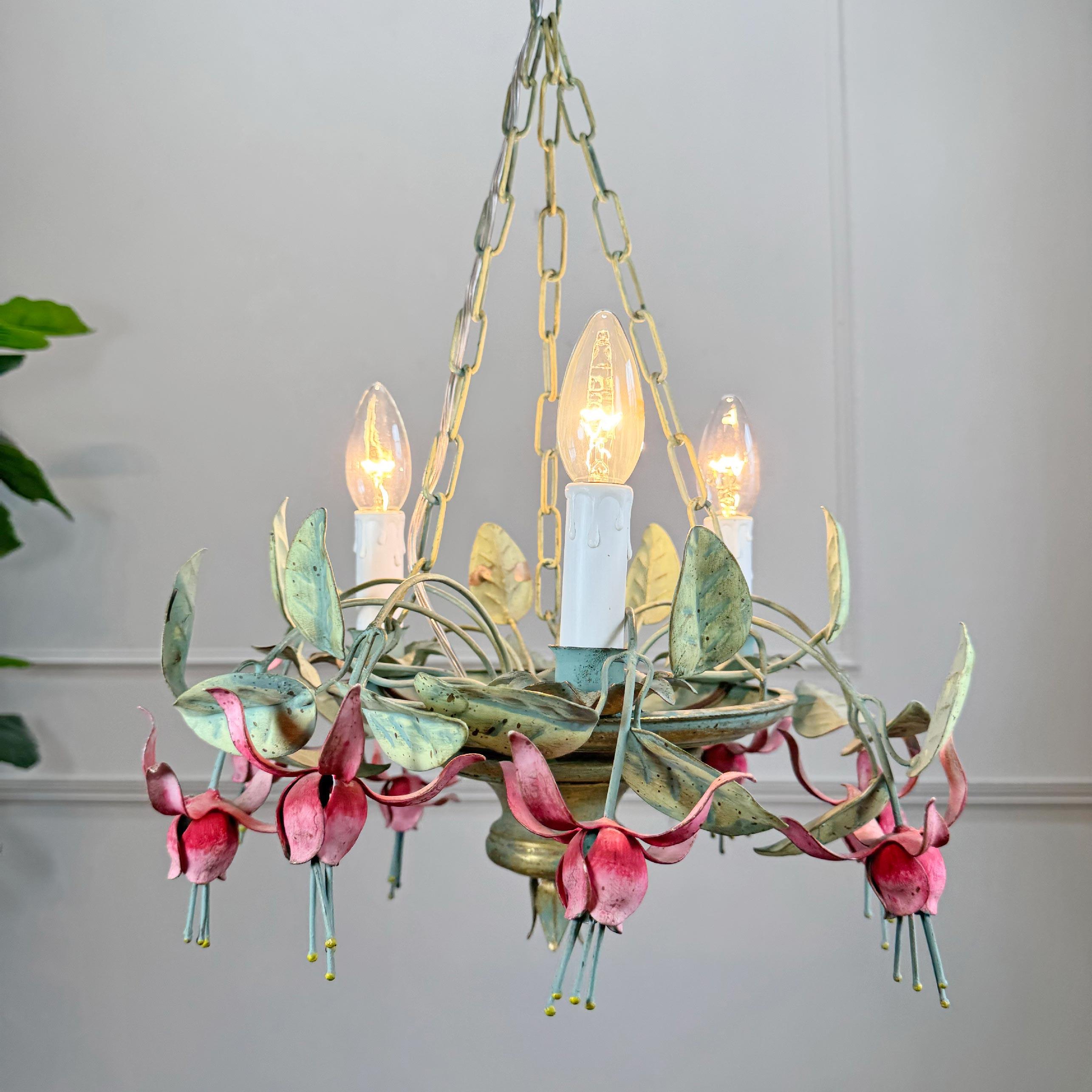 Italian 1950's Fuchsia Flower Tole Chandelier For Sale 4
