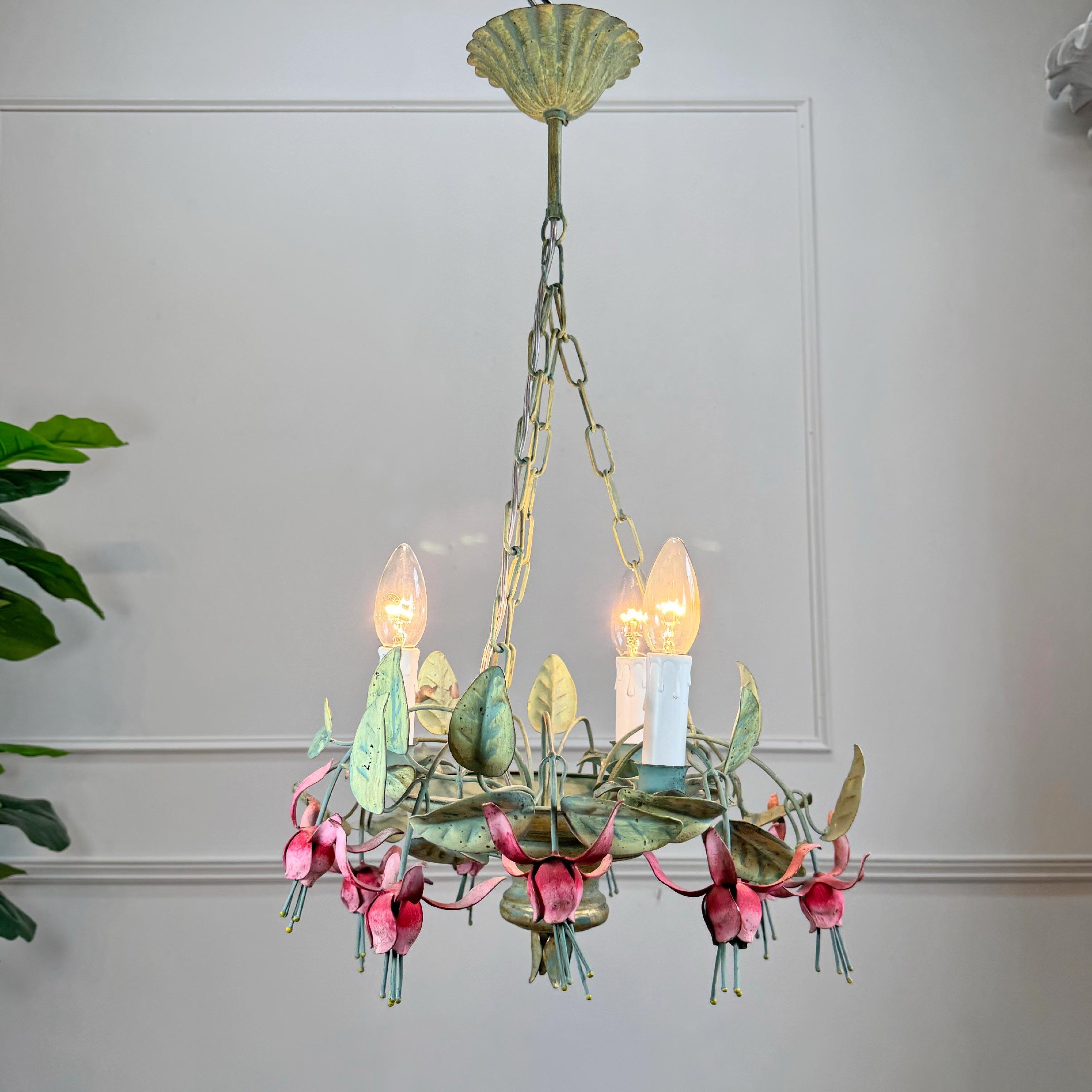 Mid-Century Modern Italian 1950's Fuchsia Flower Tole Chandelier For Sale