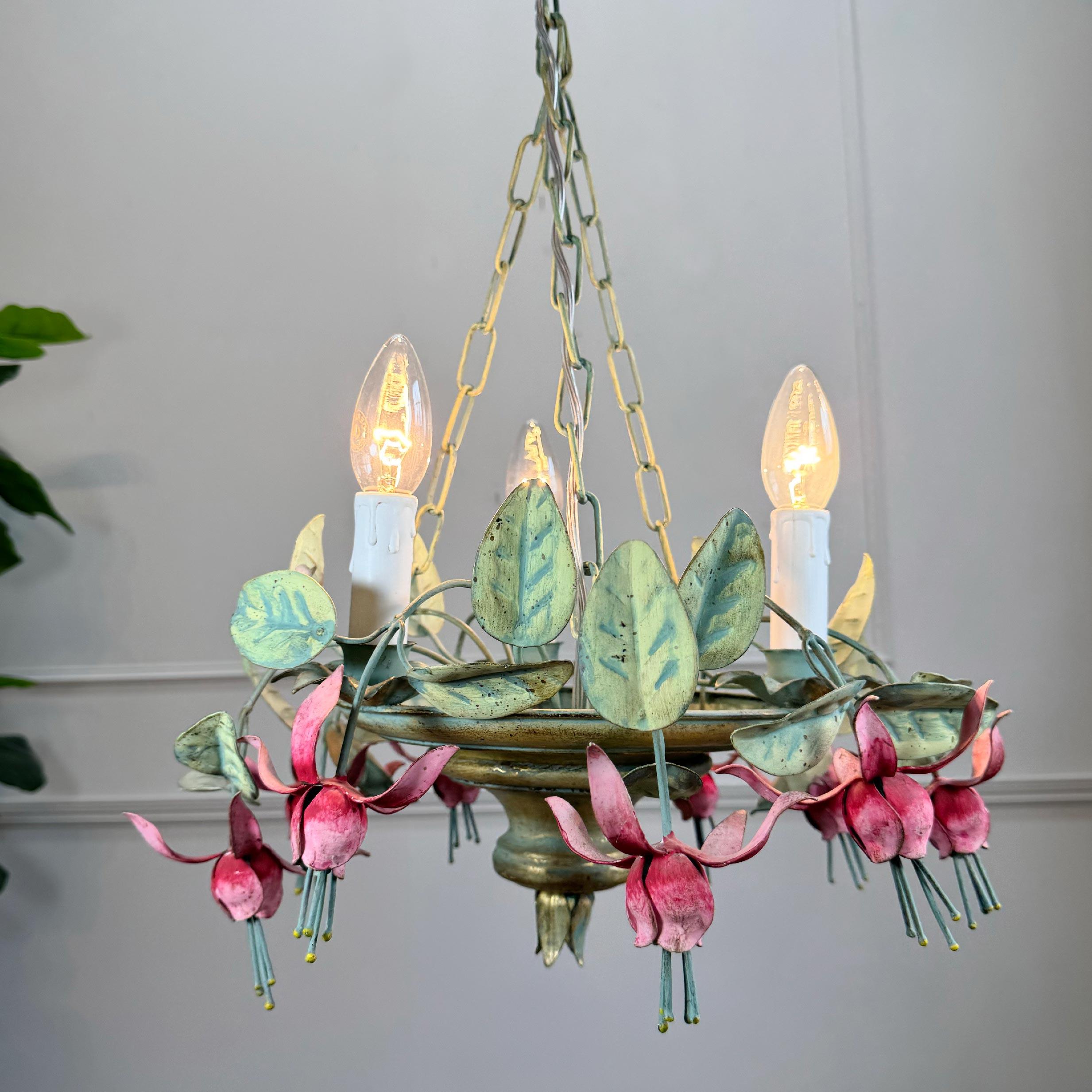 20th Century Italian 1950's Fuchsia Flower Tole Chandelier For Sale