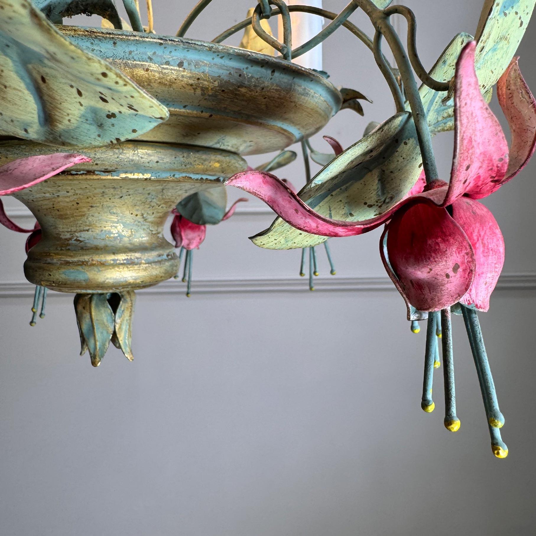 Metal Italian 1950's Fuchsia Flower Tole Chandelier For Sale