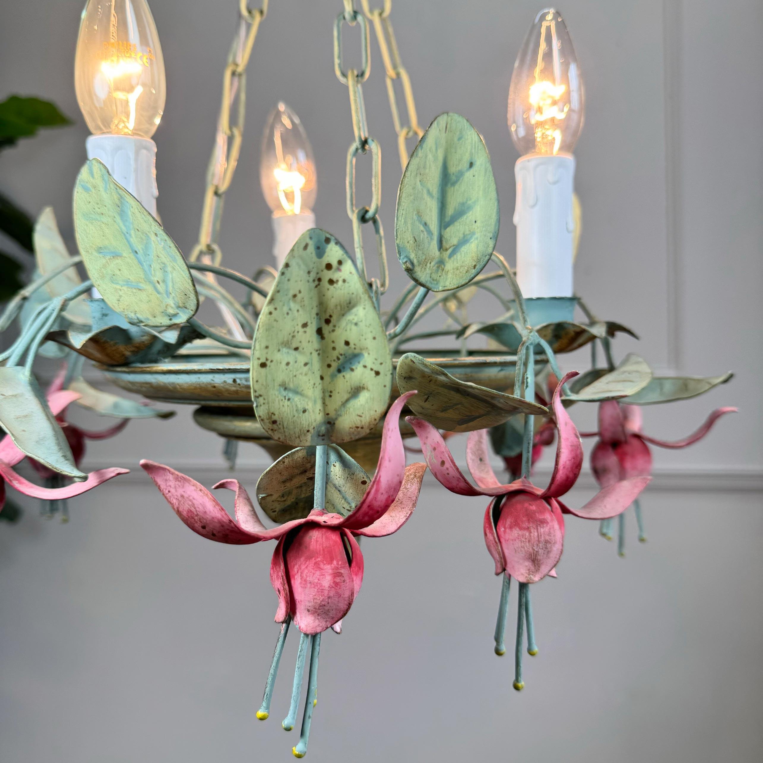 Italian 1950's Fuchsia Flower Tole Chandelier For Sale 1