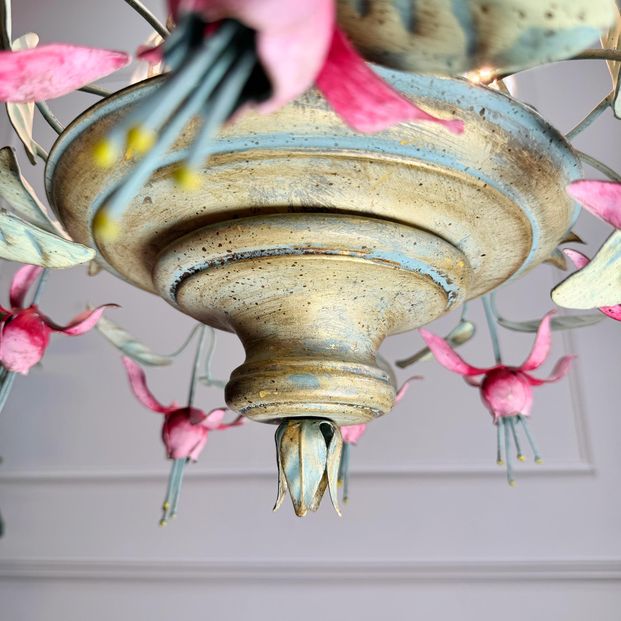 Italian 1950's Fuchsia Flower Tole Chandelier For Sale 2